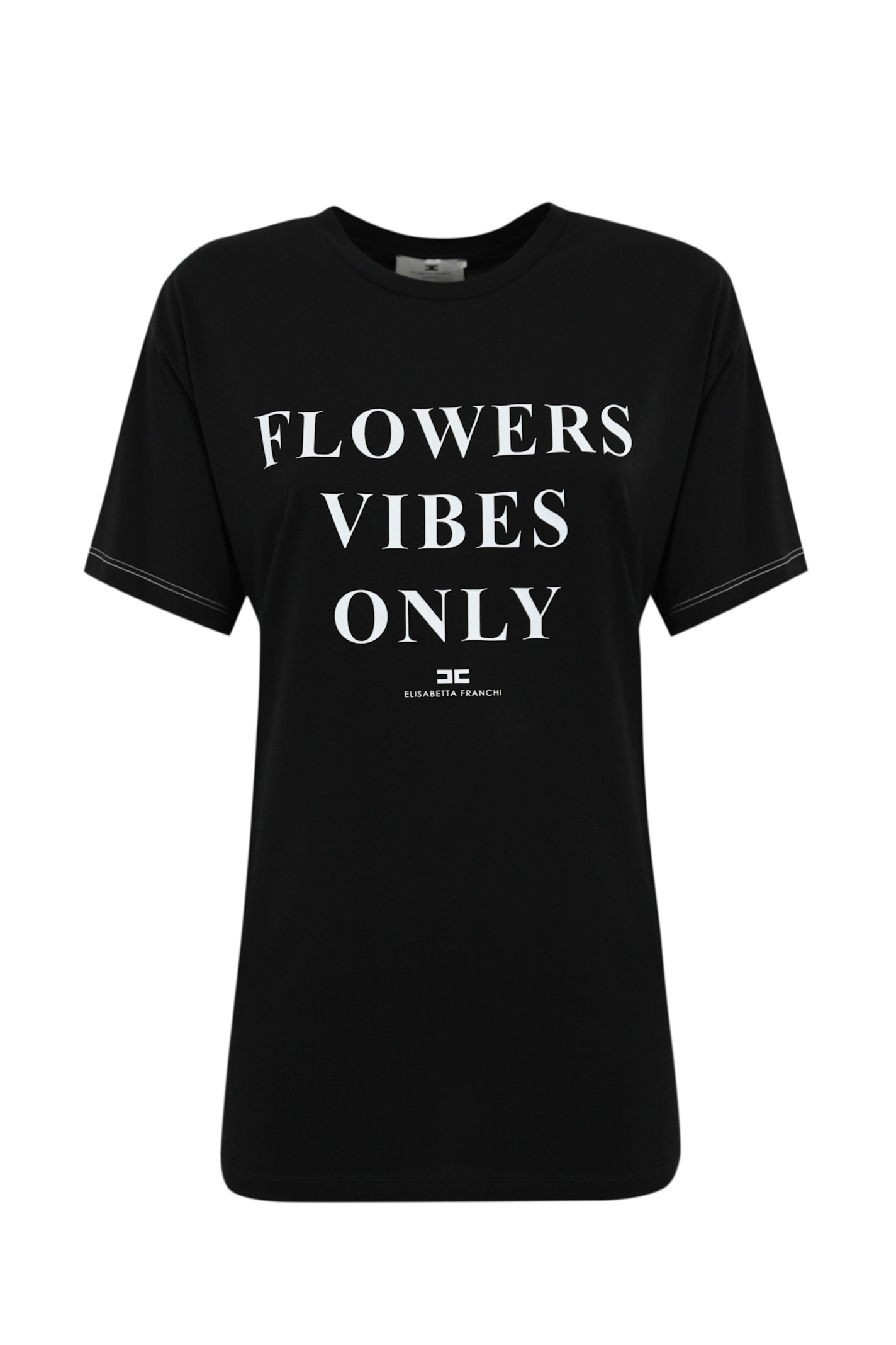 Elisabetta Franchi Jersey T-shirt With Print And Satin Bands In Nero
