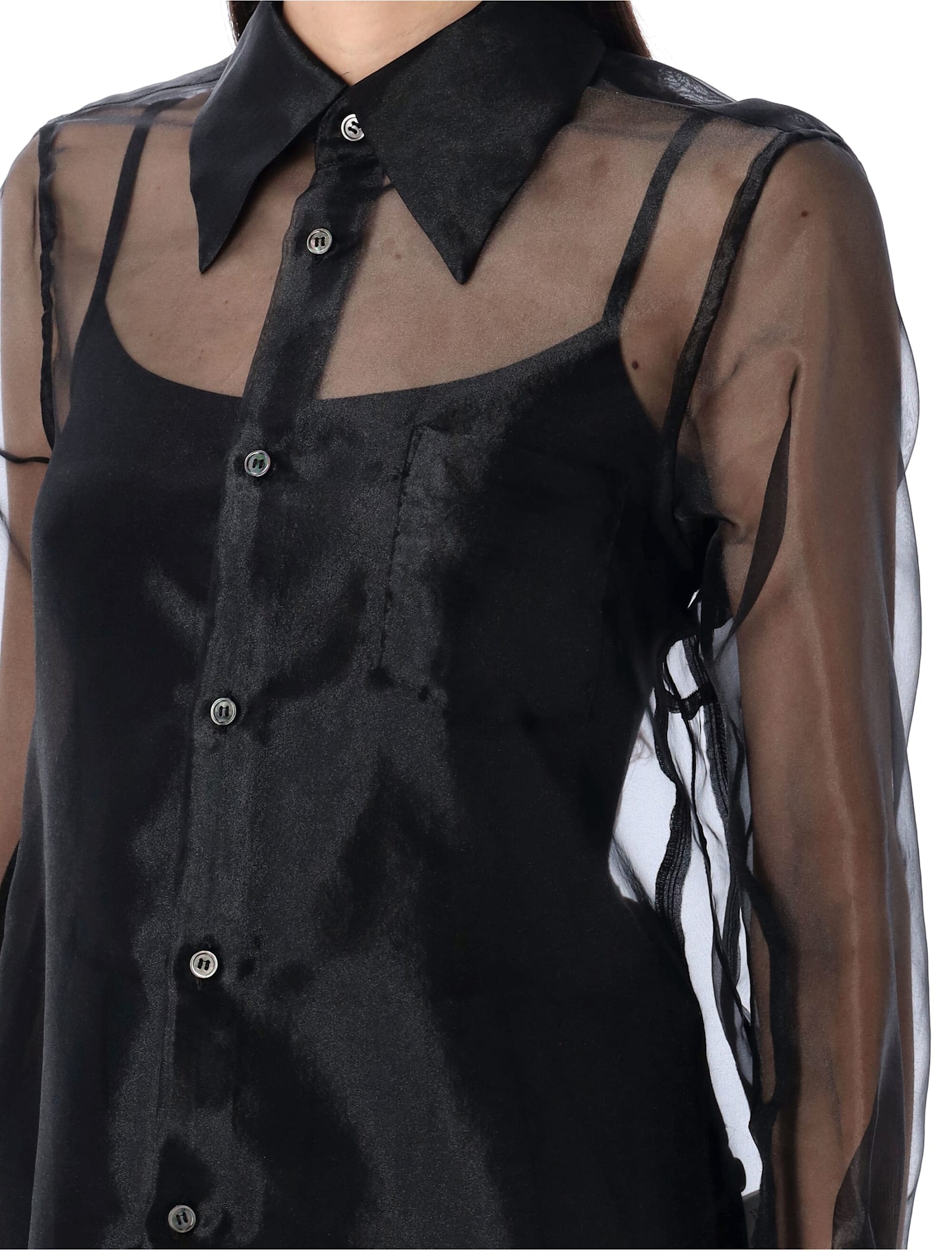 Comme Des Garçons Sheer Fabric Longline Shirt With Buttoned Cuffs In Black