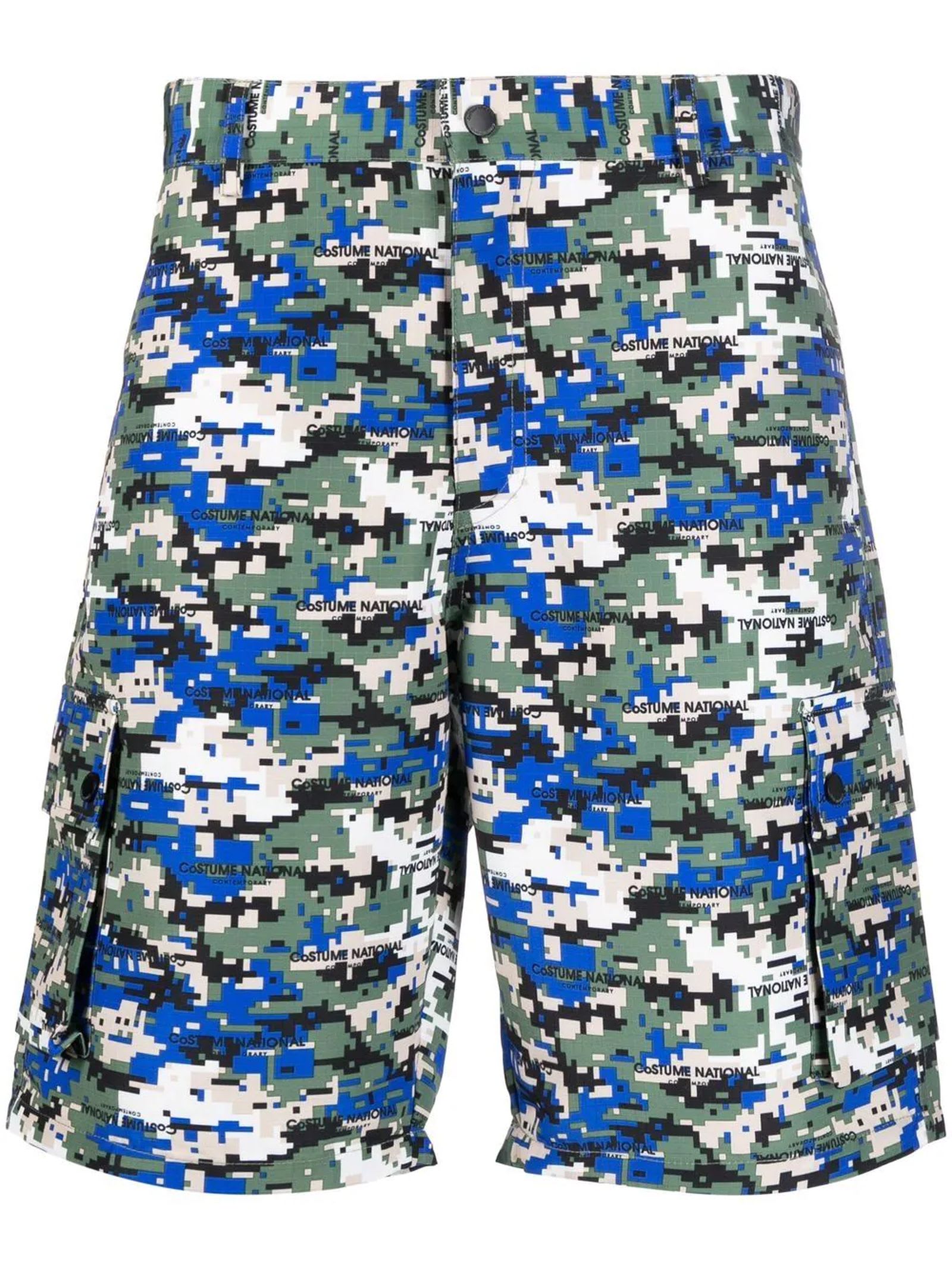 Costume National Blue, White And Green Cargo Shorts