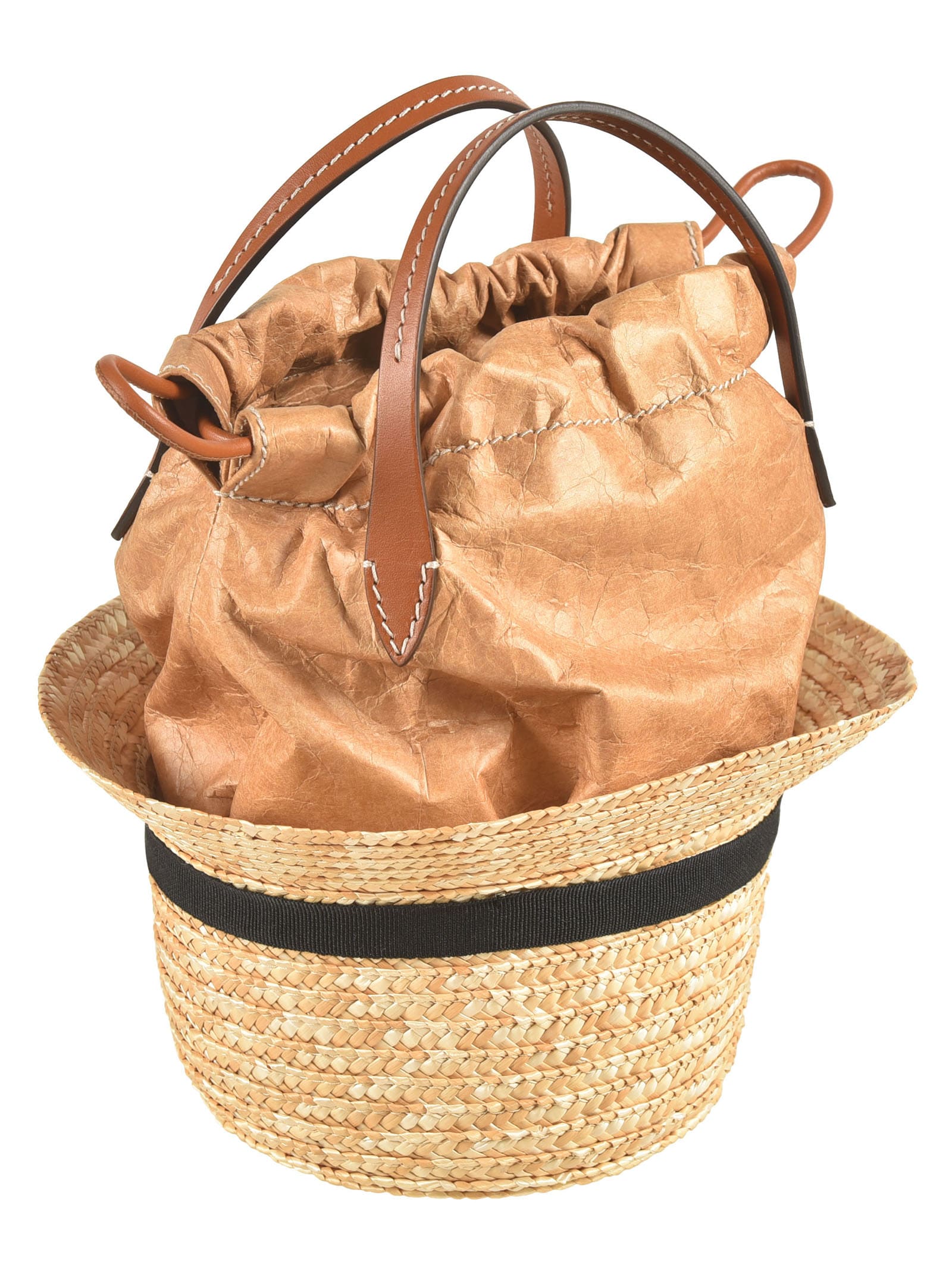 Shop Maison Margiela Weaved Hat Detail Drawstringed Bucket Bag In Natural/brown
