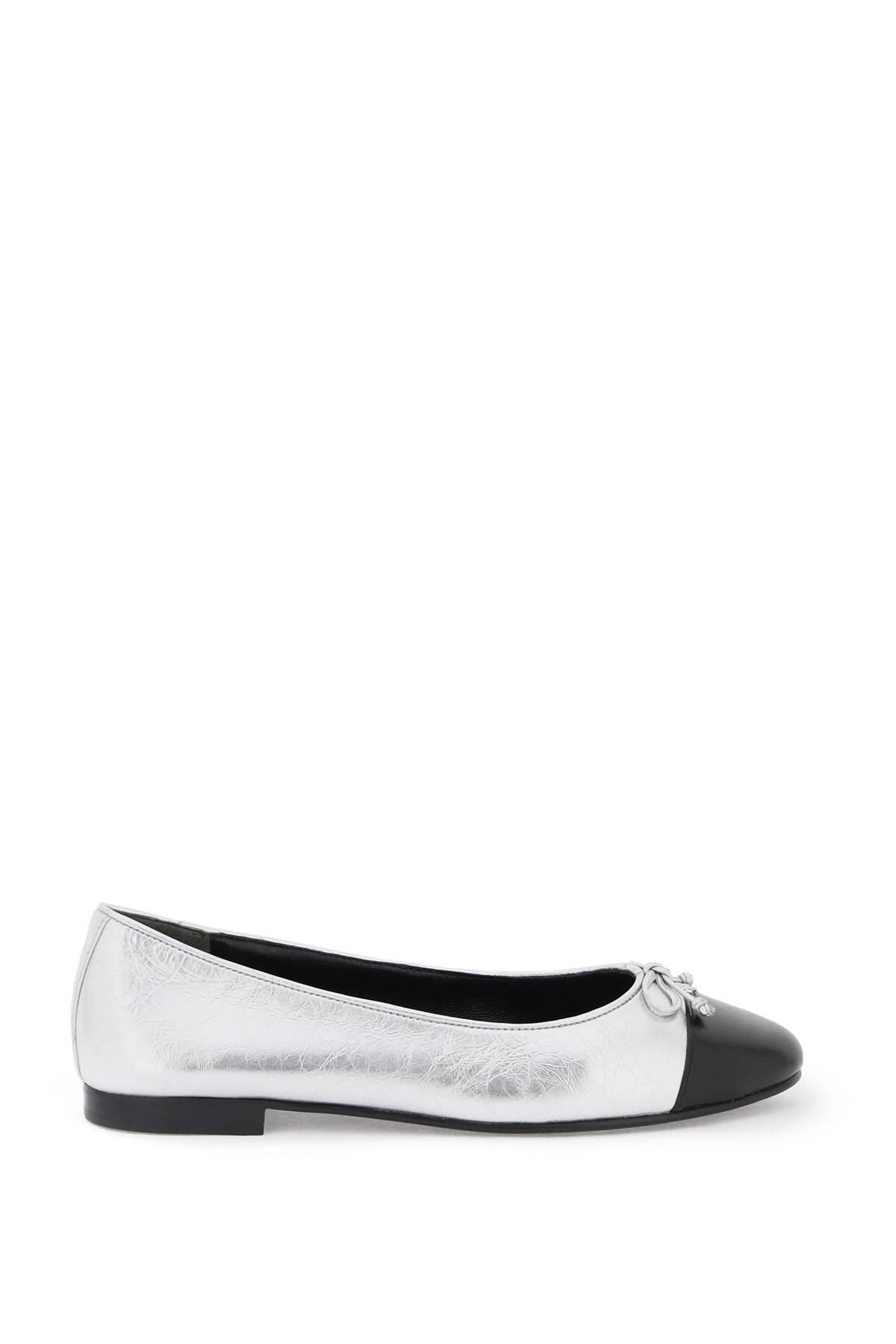 Shop Tory Burch Laminated Ballet Flats With Contrasting Toe In Silver Perfect Black (silver)