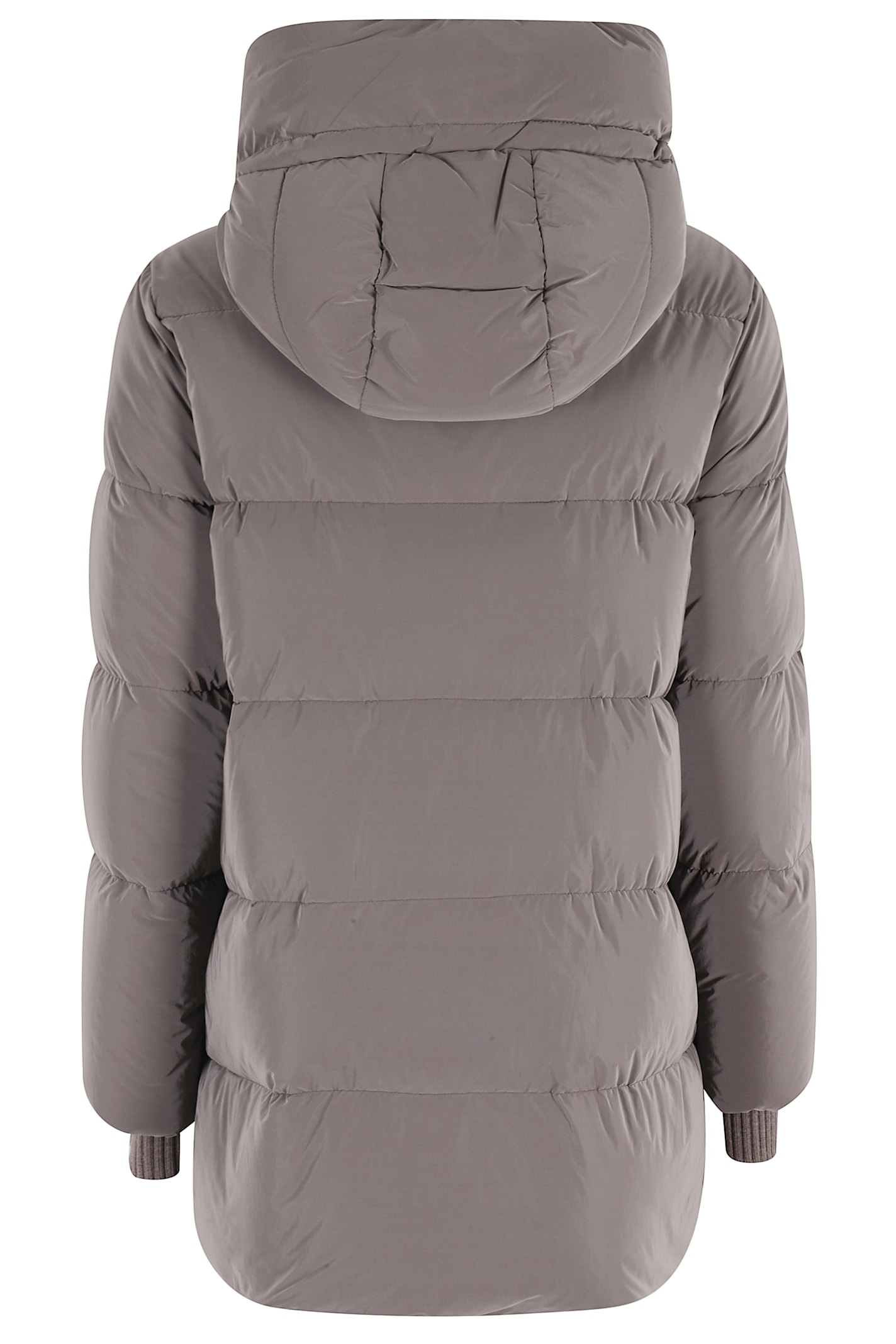Moorer Padded Quilted Down Coat With High Collar And Hood In Brown