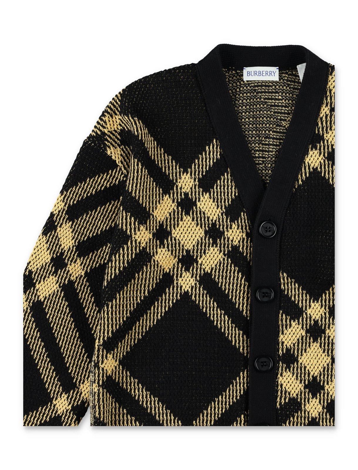 Shop Burberry Check-pattern V-neck Buttoned Cardigan In Yellow