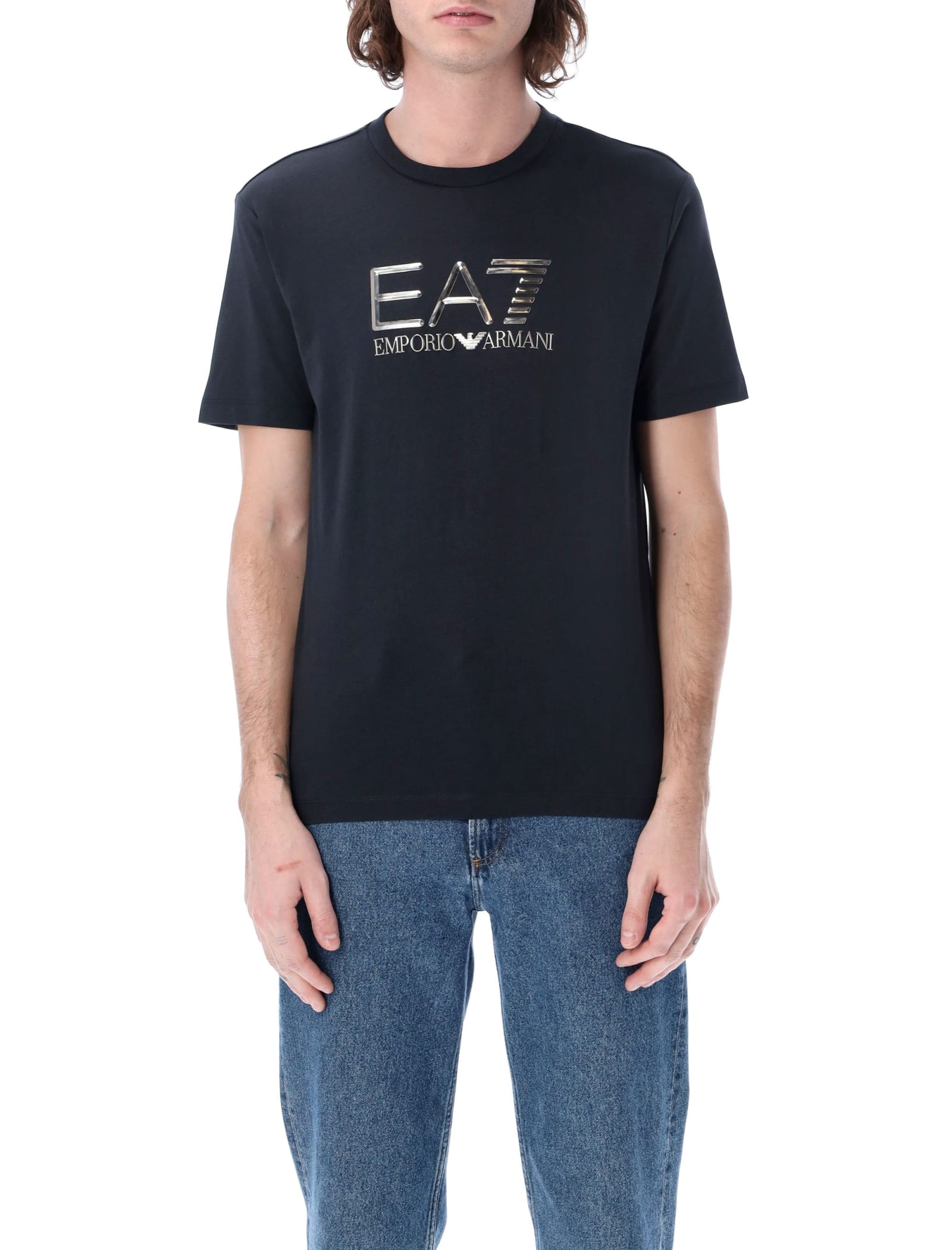 Ea7 Lux Identity Pima Cotton T-shirt In Navy