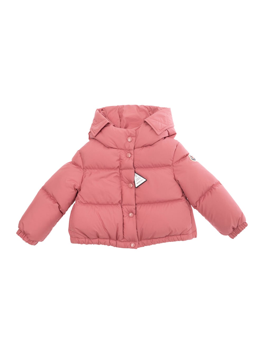 Moncler Kids' Laurie Pink Hooded Down Jacket With Logo Patch In Tech Fabric Baby