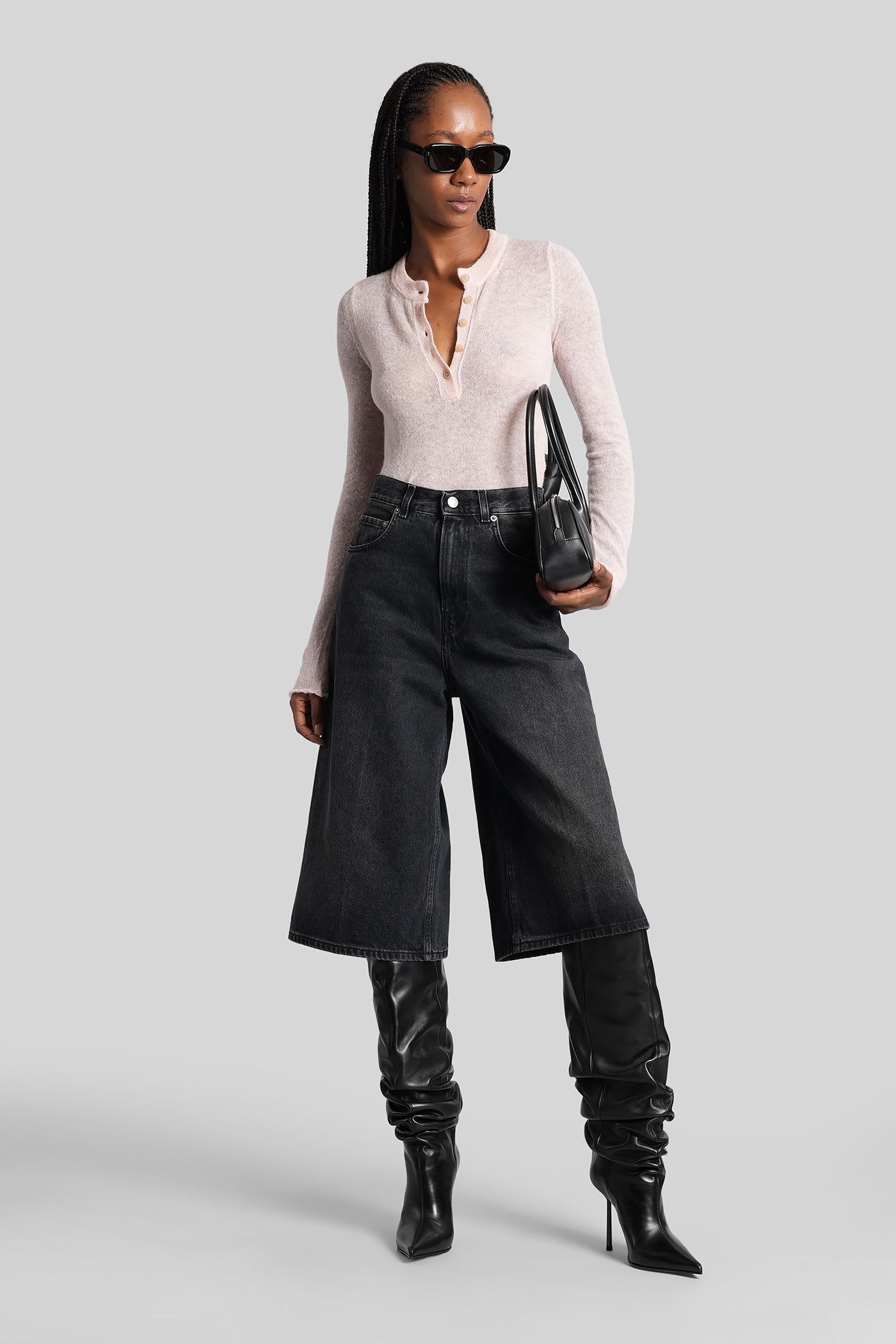 Haikure Wide Leg Denim Bermuda With Belt Loops In Black