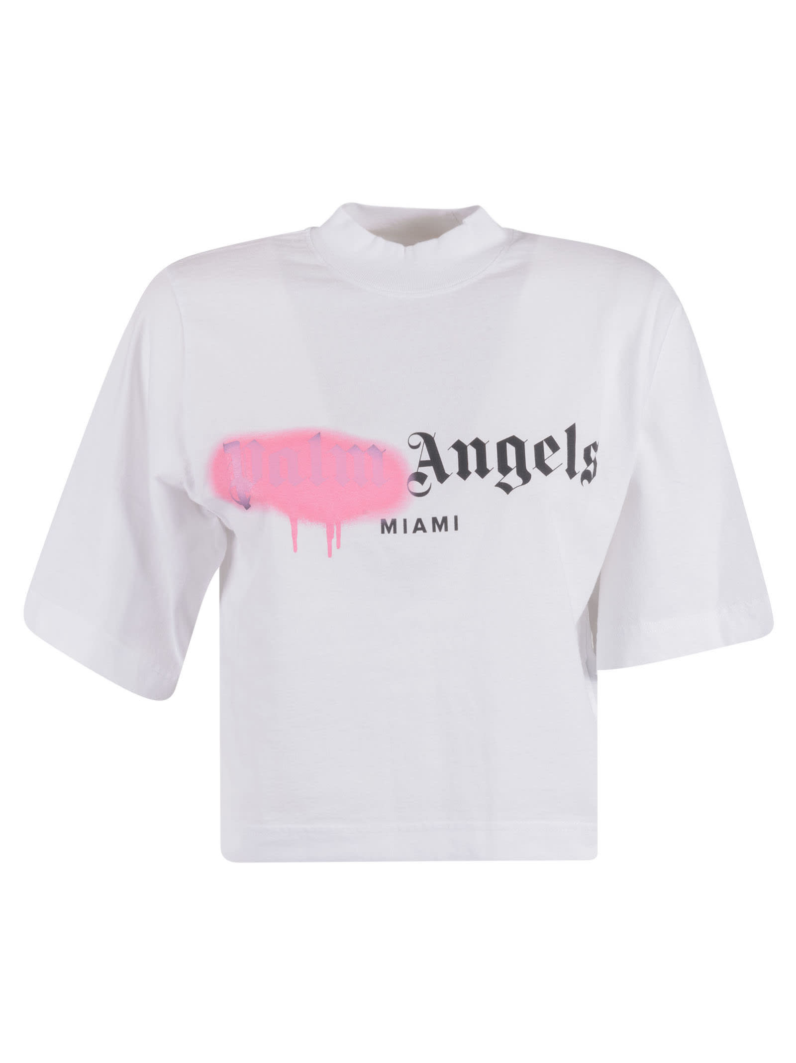 Palm Angels Miami Sprayed Logo T-shirt In White/pink | ModeSens