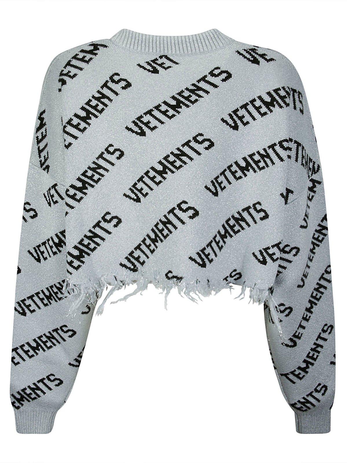 Shop Vetements All-over Logo Printed Cropped Sweater In Silver Black