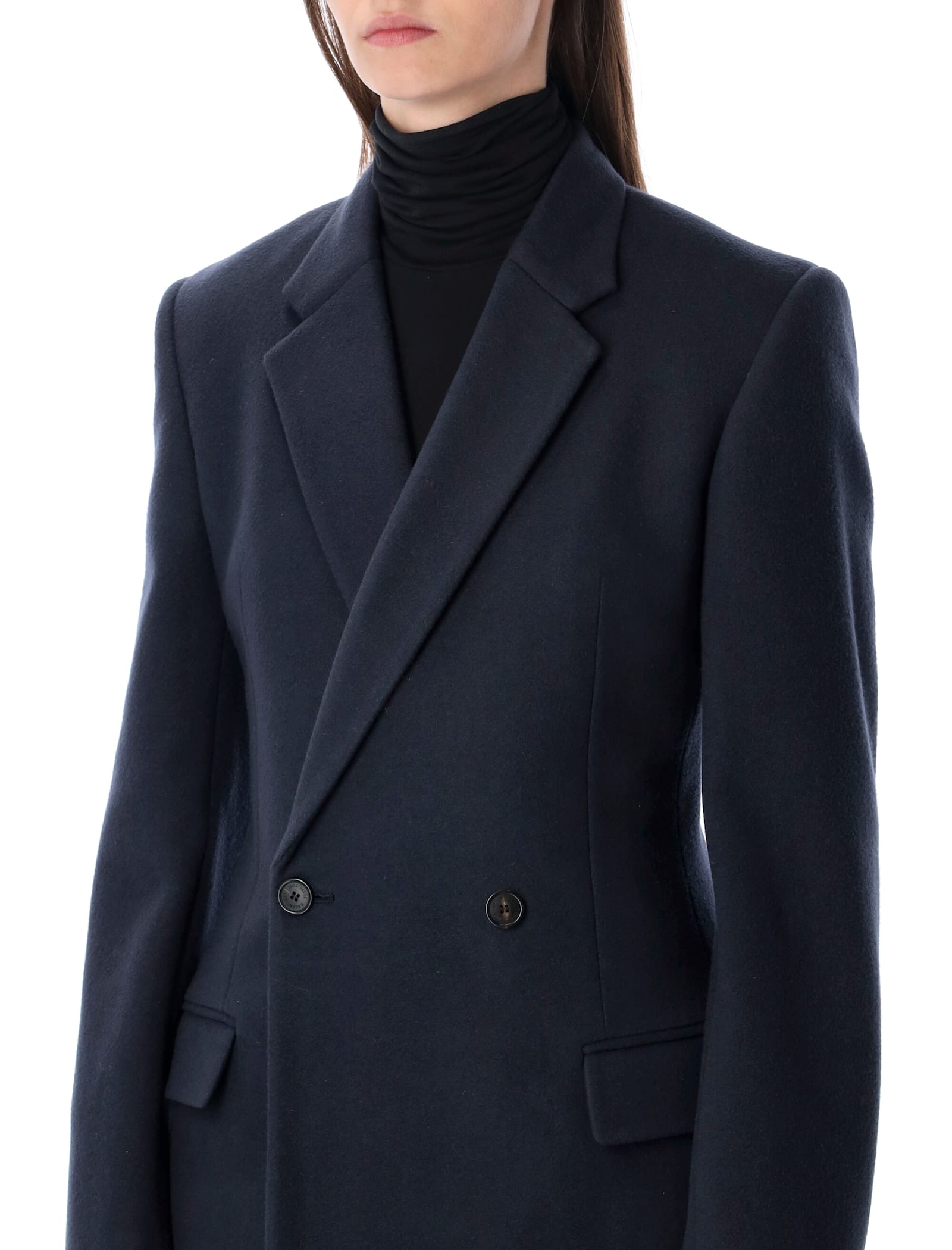 Balenciaga Navy Brushed Wool Midi Godet Coat In Blue