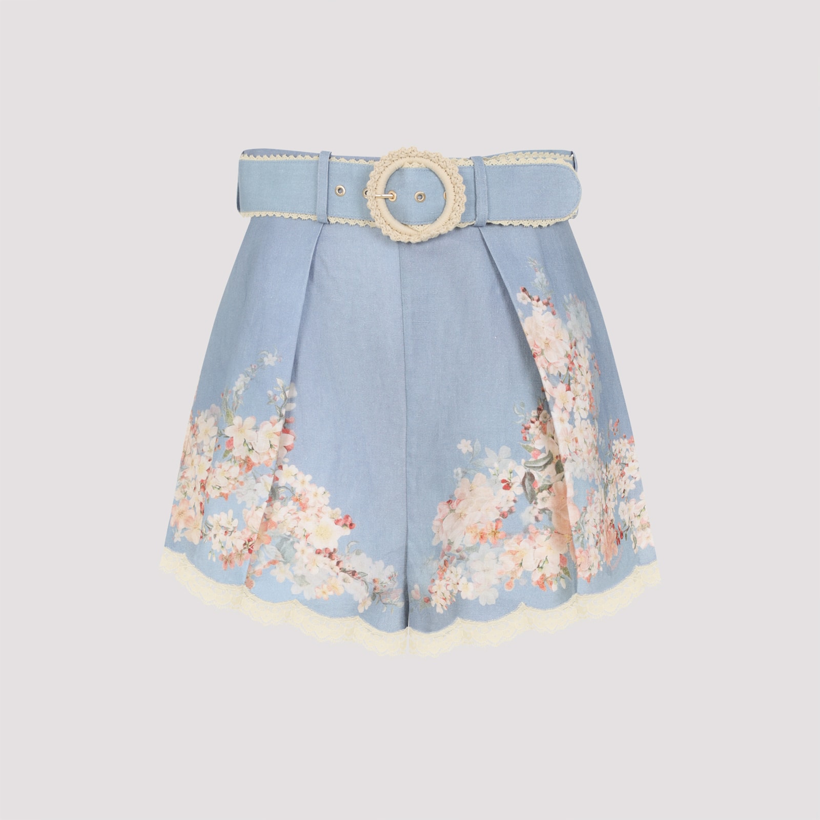 Zimmermann Teal Blue Botanical Floral Linen Cascadian Shorts In Blue