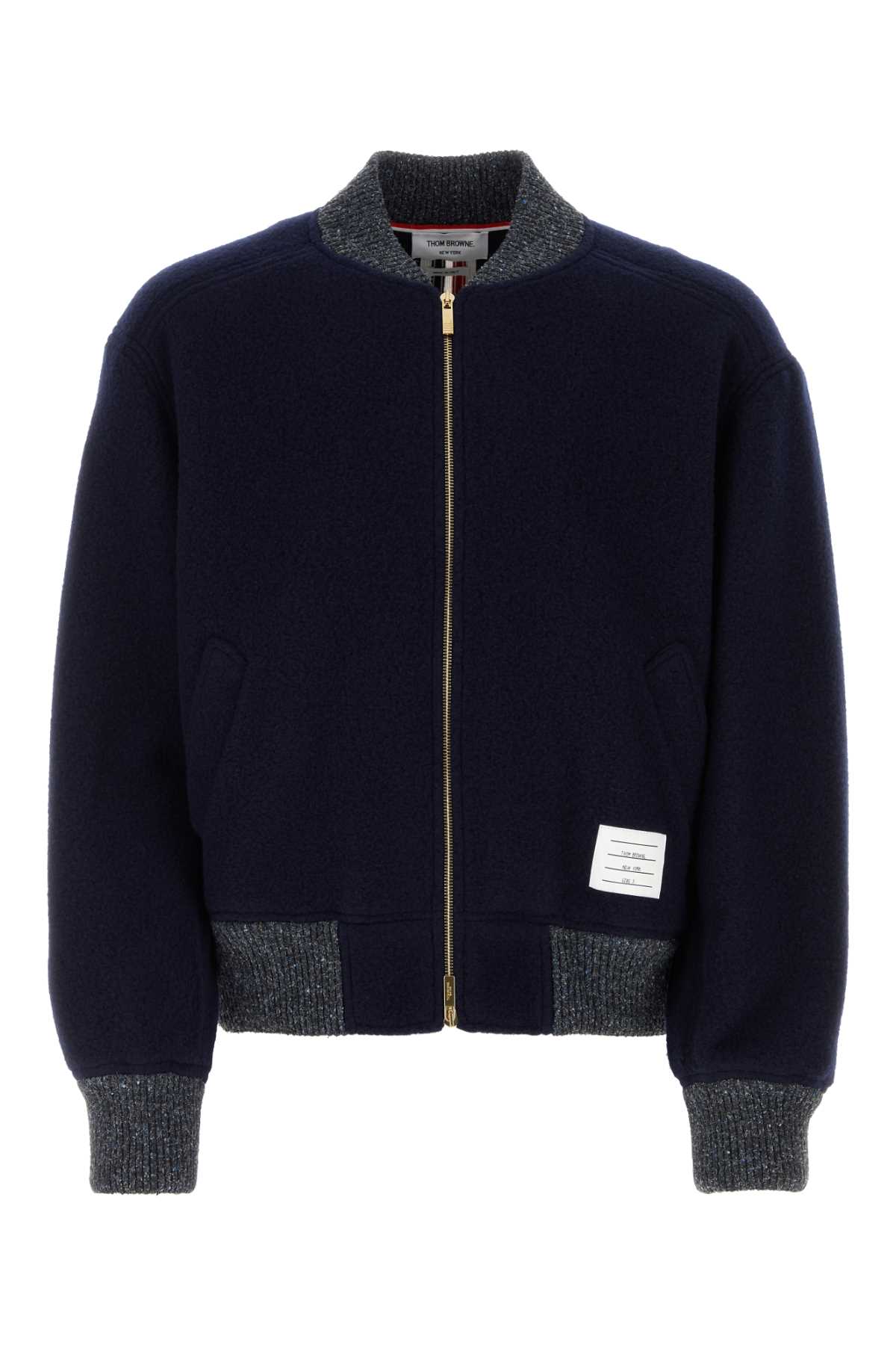 Shop Thom Browne Navy Blue Wool Bomber Jacket