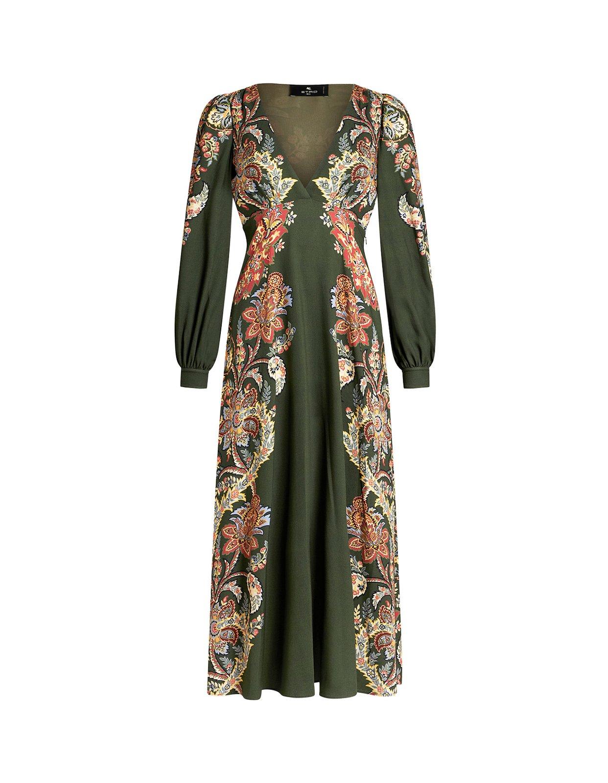 Shop Etro Floral Printed V-neck Dress In Verde