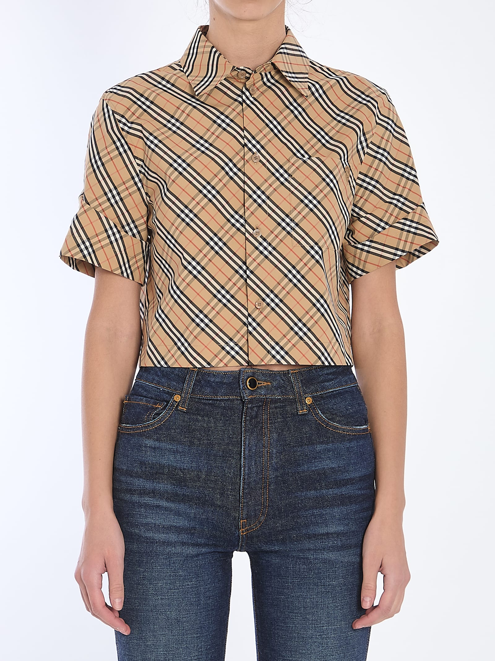 Burberry Cropped Check Cotton Shirt In Brown