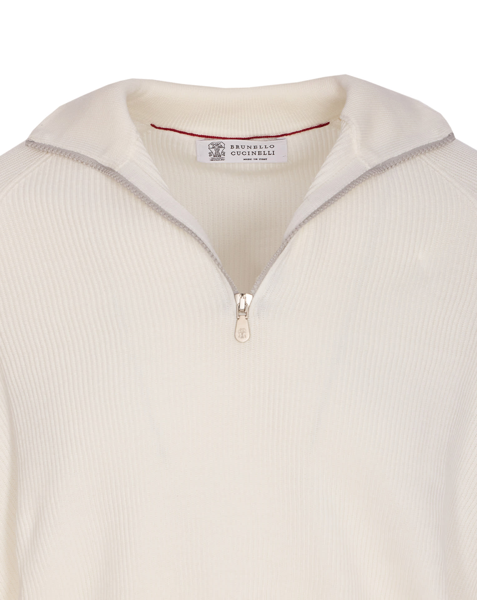 Brunello Cucinelli Men English Rib Cotton Sweater With Zip Opening In White