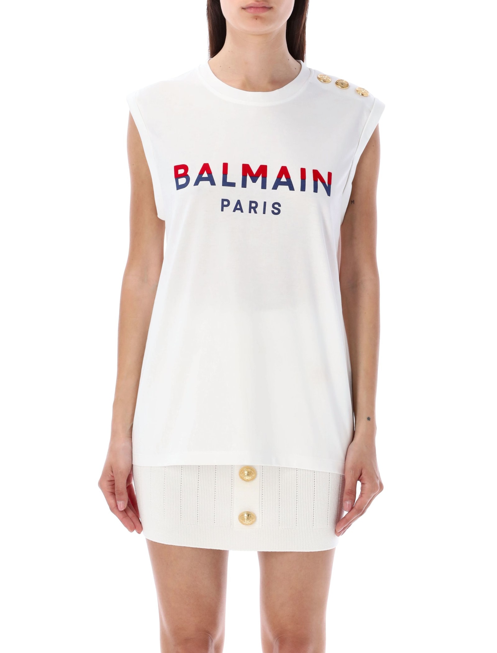 Balmain Paris Flocked T-shirt In White/red Marine