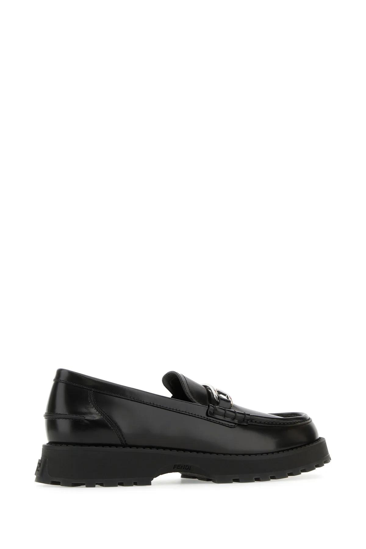 Shop Fendi Black Leather Oclock Loafers