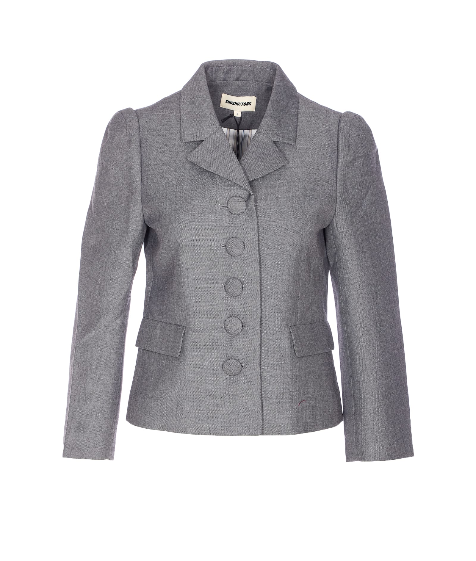 Shushu-tong Grey Jacket With Notched Revers And V Neck In Wool Blend Woman In Gray