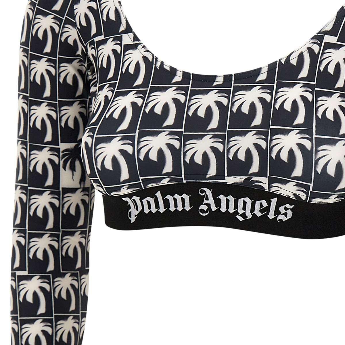 Shop Palm Angels Palm-print Scoop Neck Cropped Top In Black White