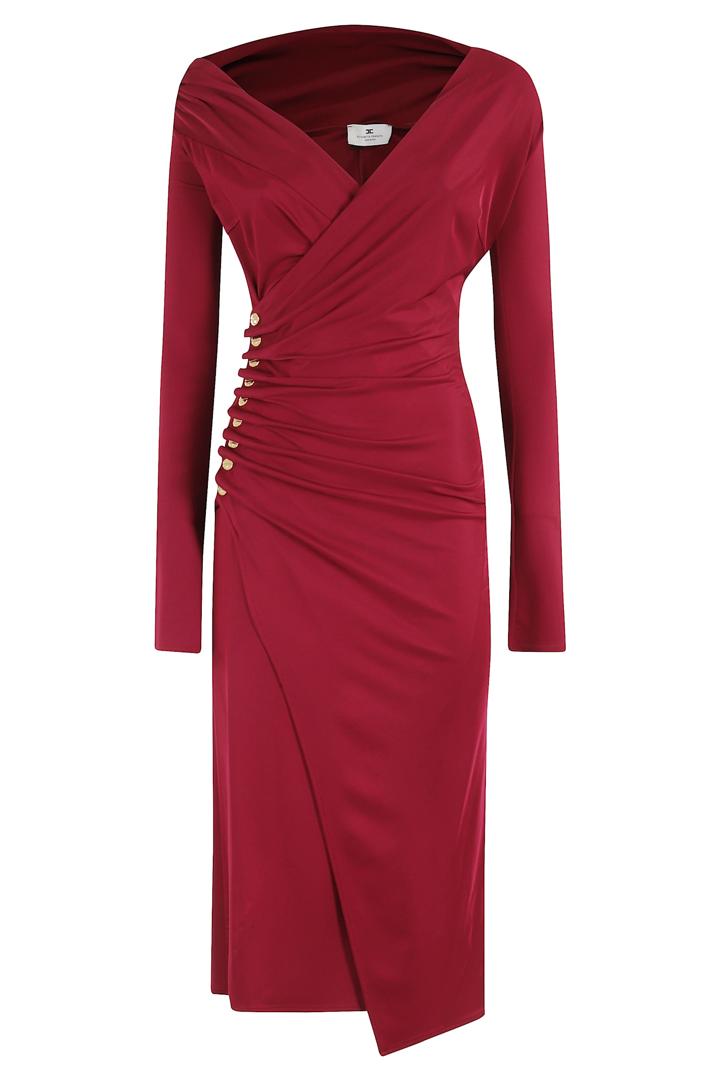 Elisabetta Franchi Draped Midi Dress With Jeweled Buttons In Red