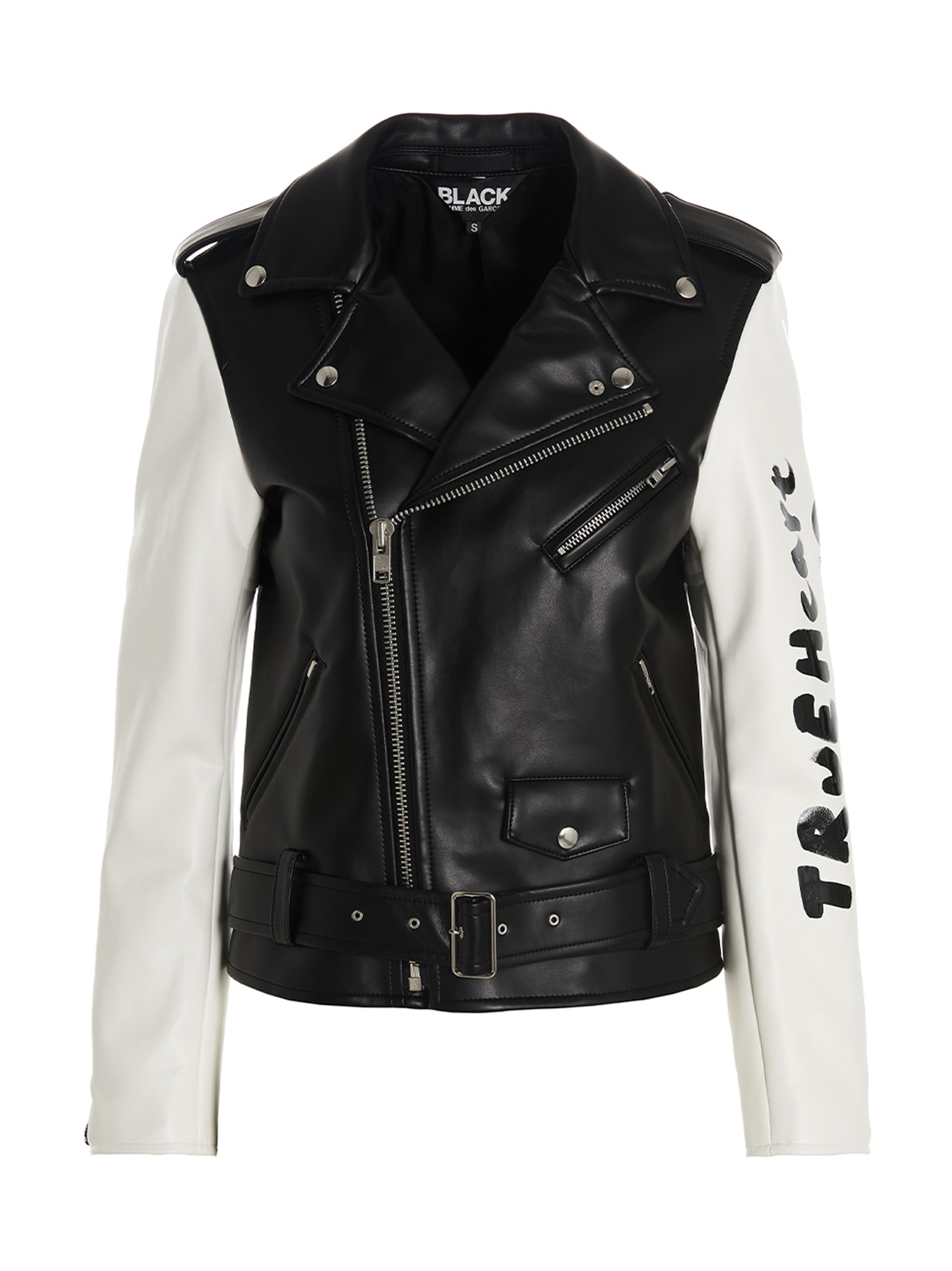 Shop Black Comme Des Garçons True Heart Strong Mind Biker Jacket In White/black