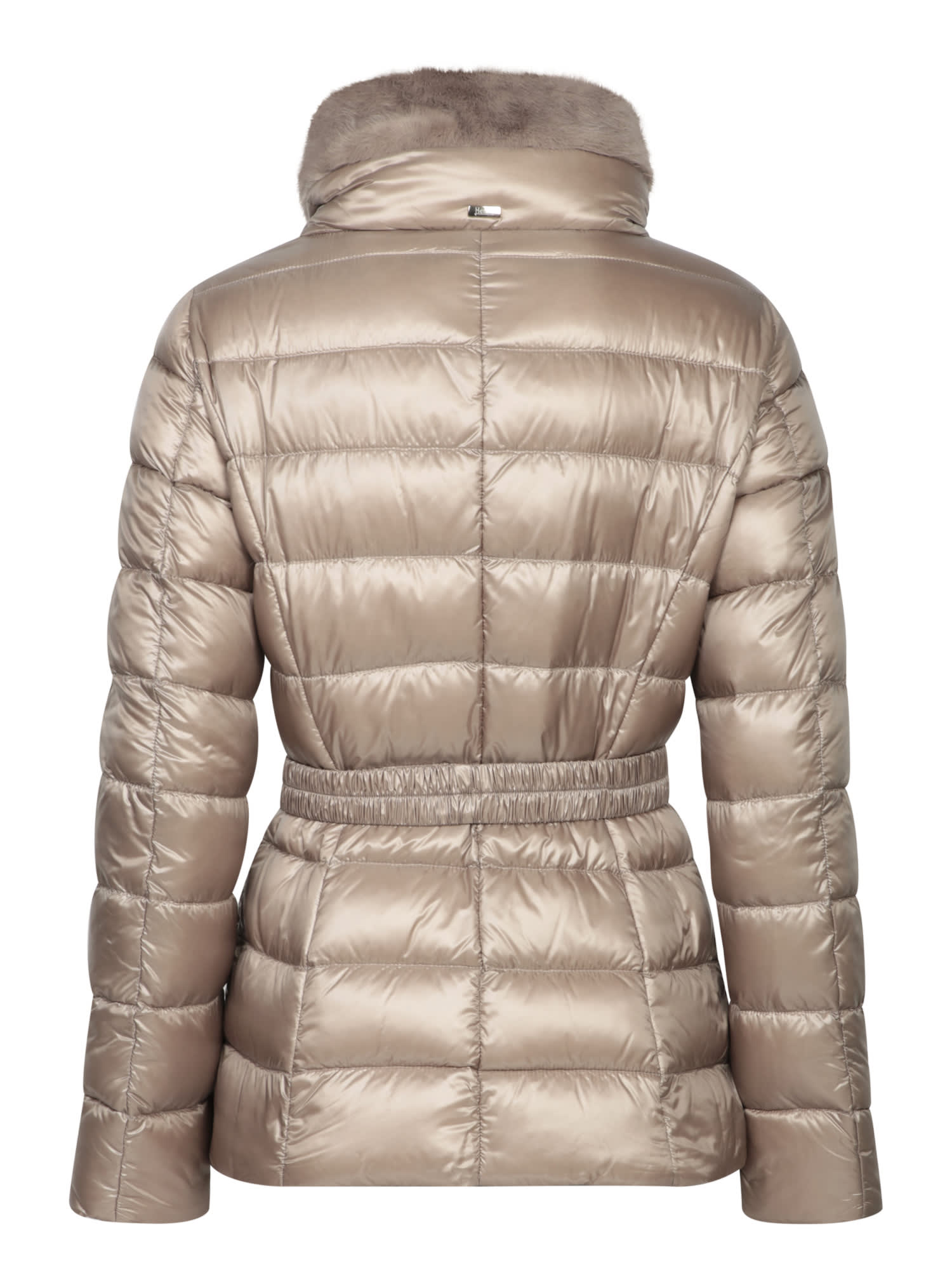 Herno Faux Fur-collar Belted Puffer Jacket In Beige