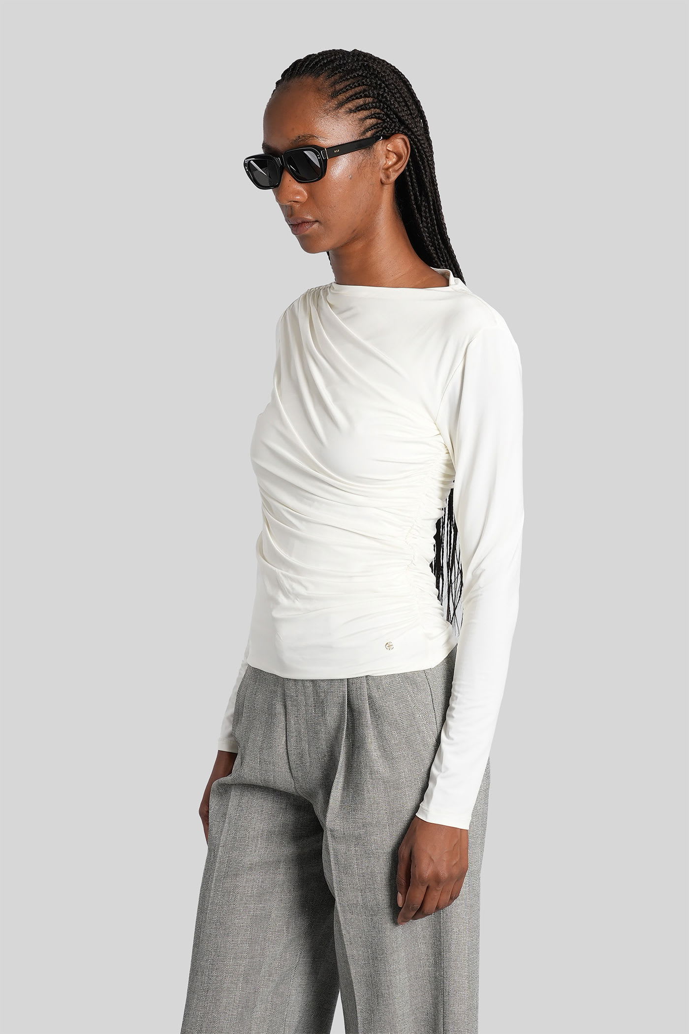 Anine Bing Draped Long Sleeve Stretch Fabric Top In White