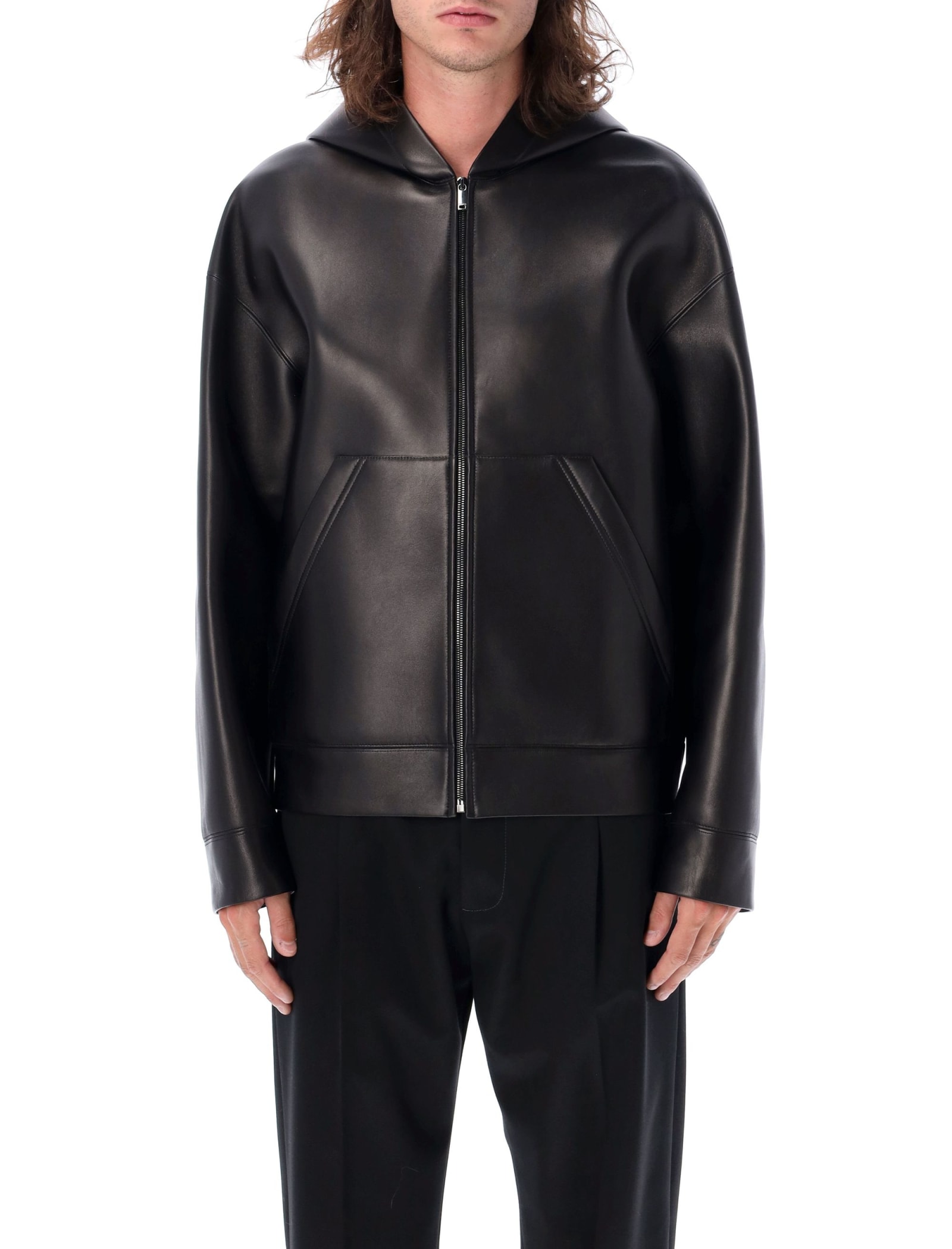 Shop Valentino Hooded Leather Bomber In Nero