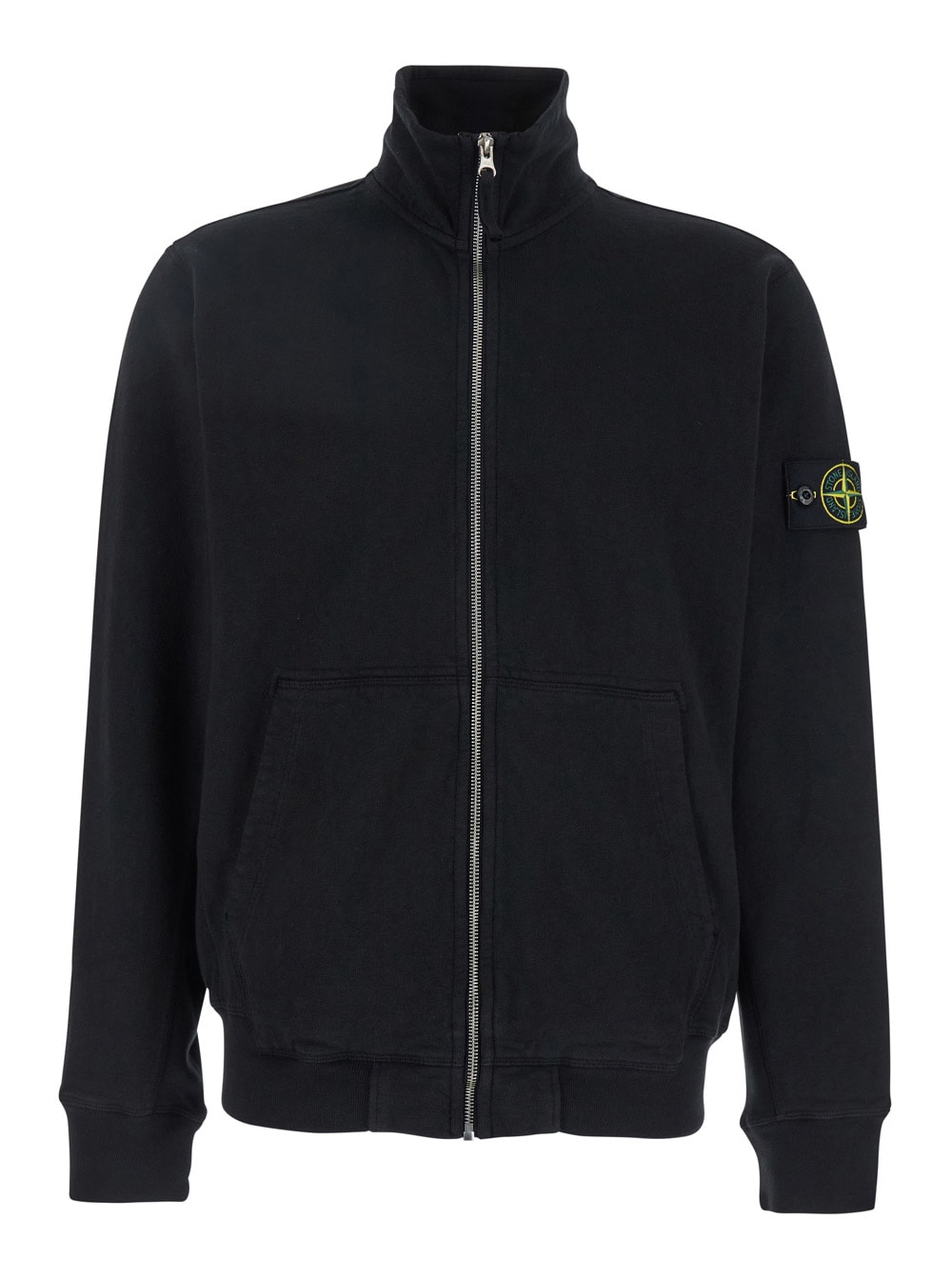 Stone Island Logo Hooded Cotton Sweatshirt In Black