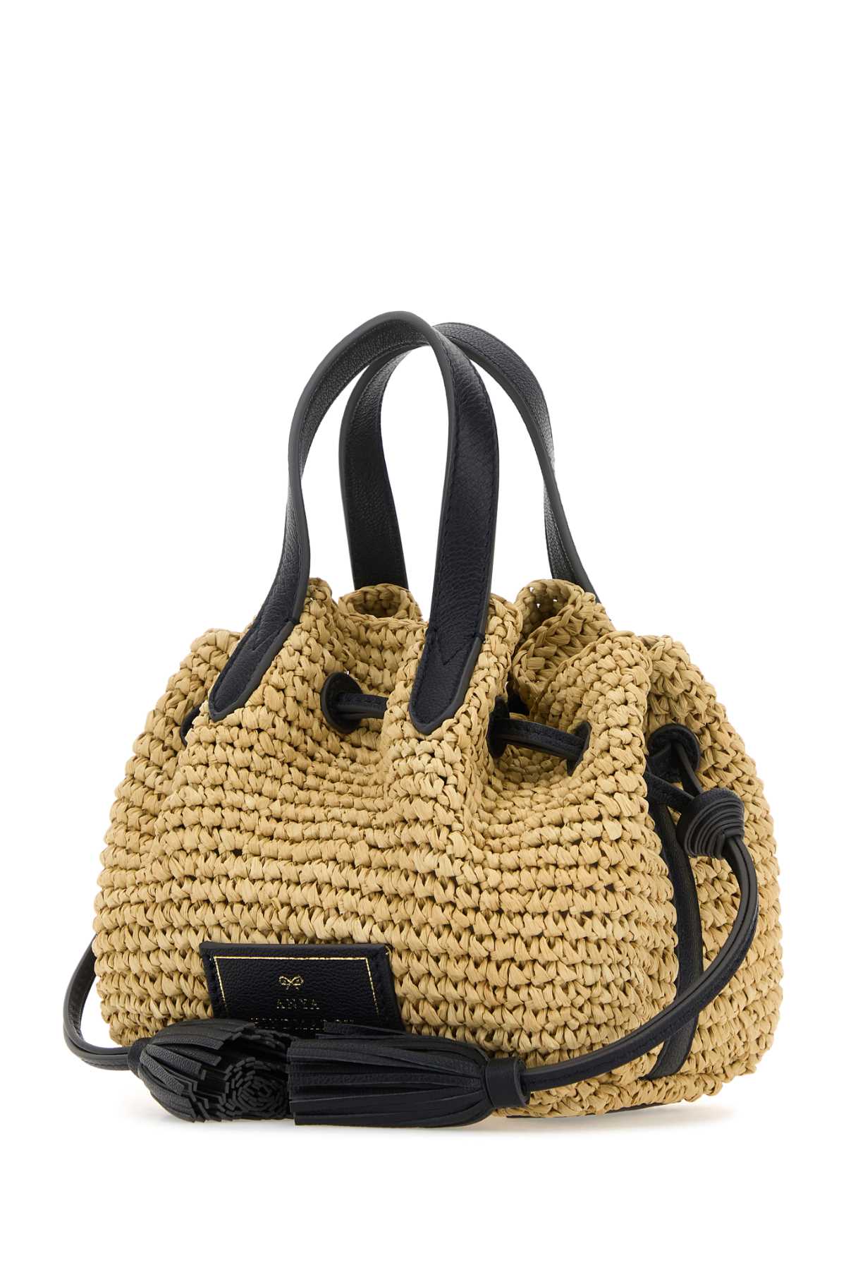 Shop Anya Hindmarch Raffia Small Drawstring Handbag In Naturalmarine