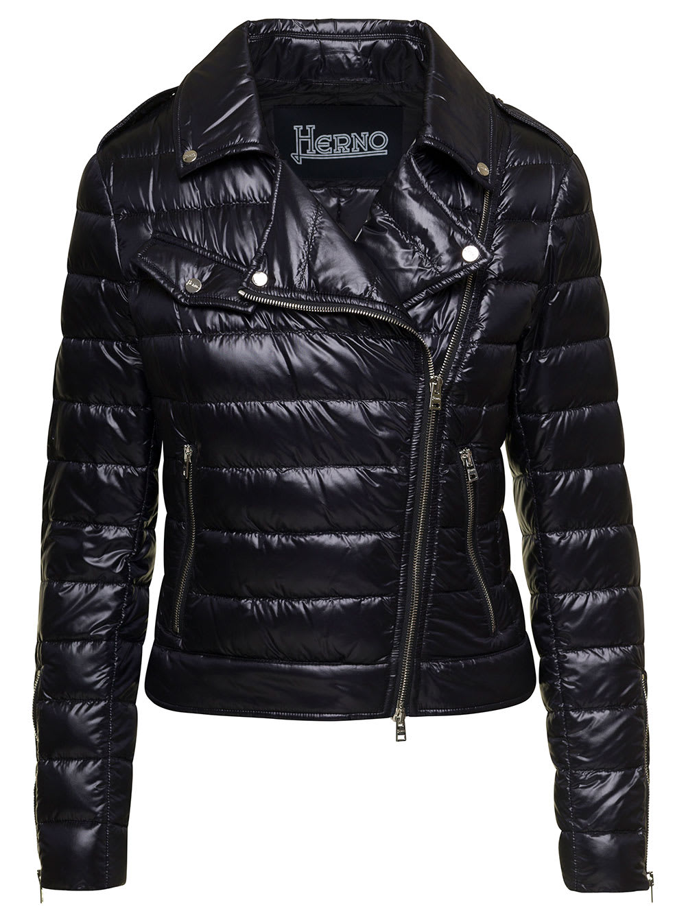 Shop Herno Black Padded Biker Jacket With Rever Collar In Ultralight Nylon Woman