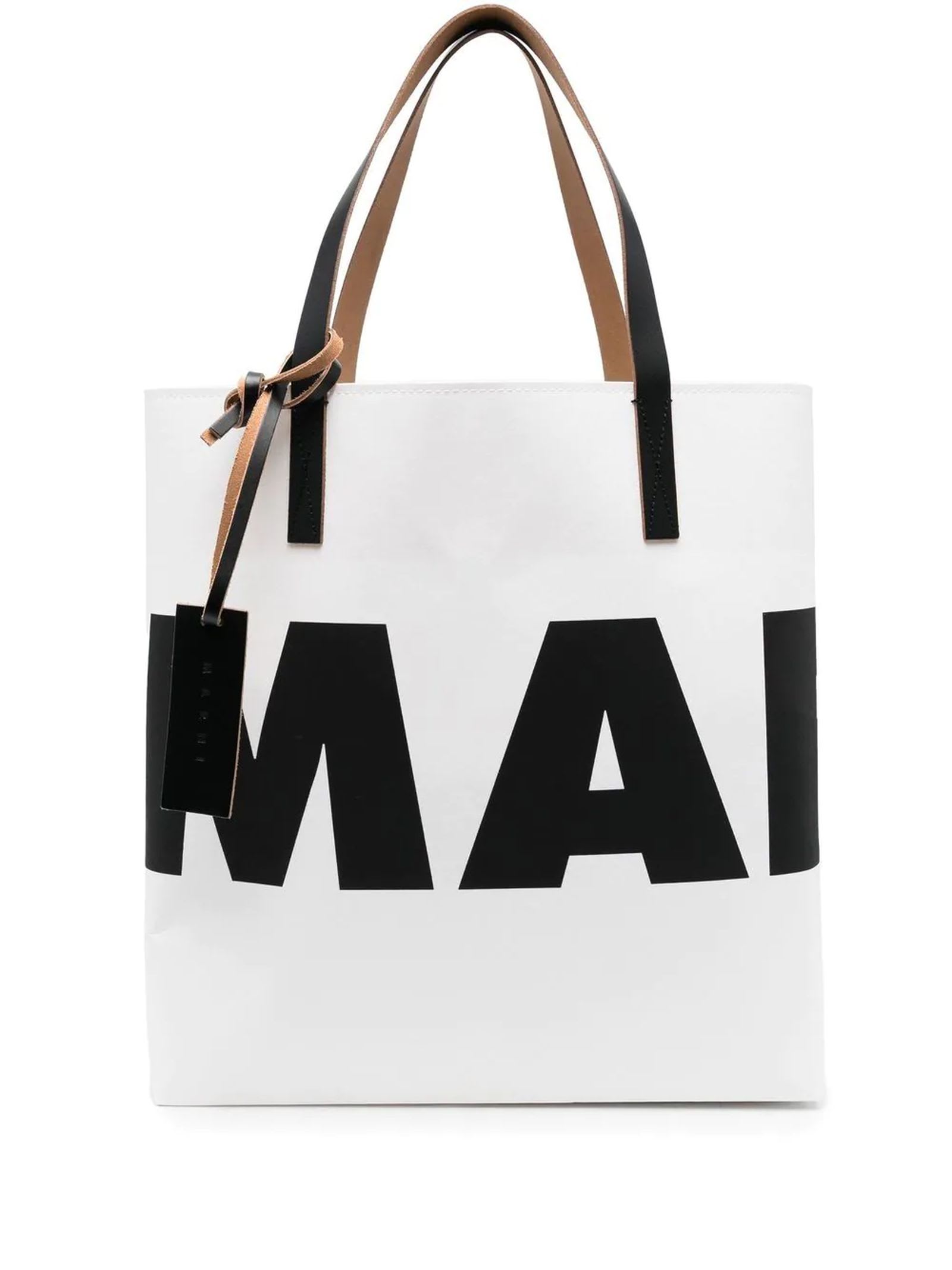 Marni White And Black Calf Leather Shopping Bag