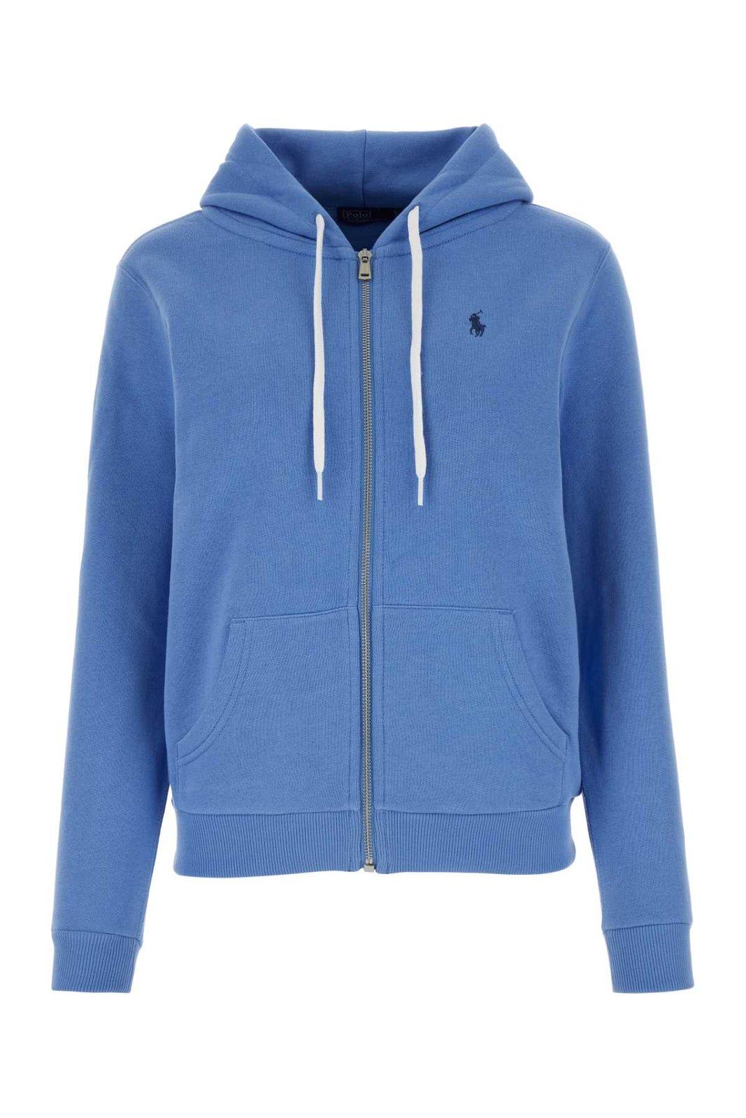 Polo Ralph Lauren Logo Embroidered Zipped Drawstring Hoodie  In Light Blue