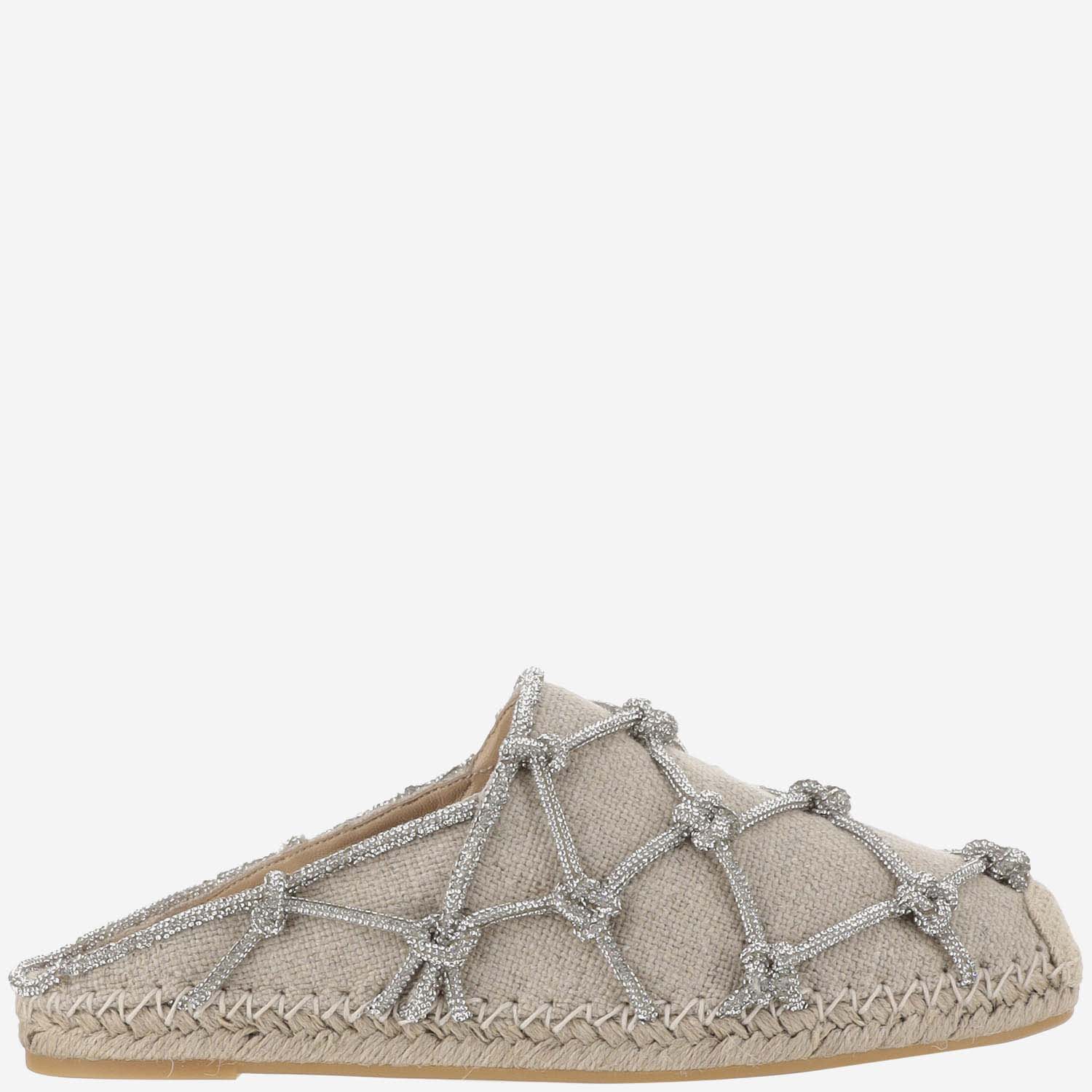 Shop Valentino Resort Linen Mules With 15mm Crystal Mesh In Beige