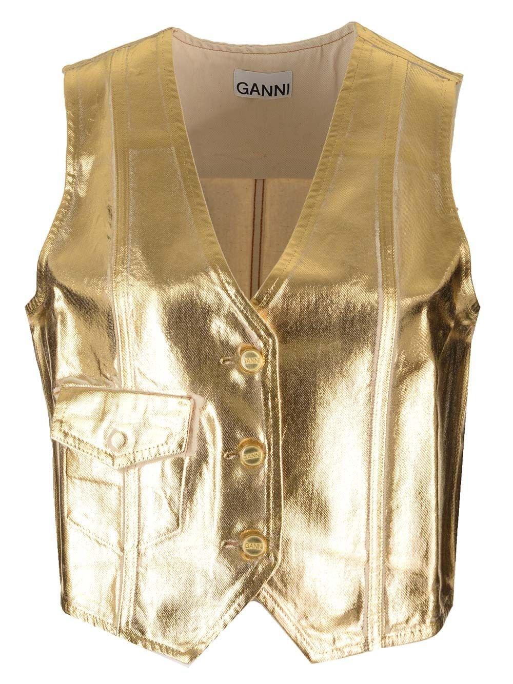 Shop Ganni Metallic Cropped Vest In Oro