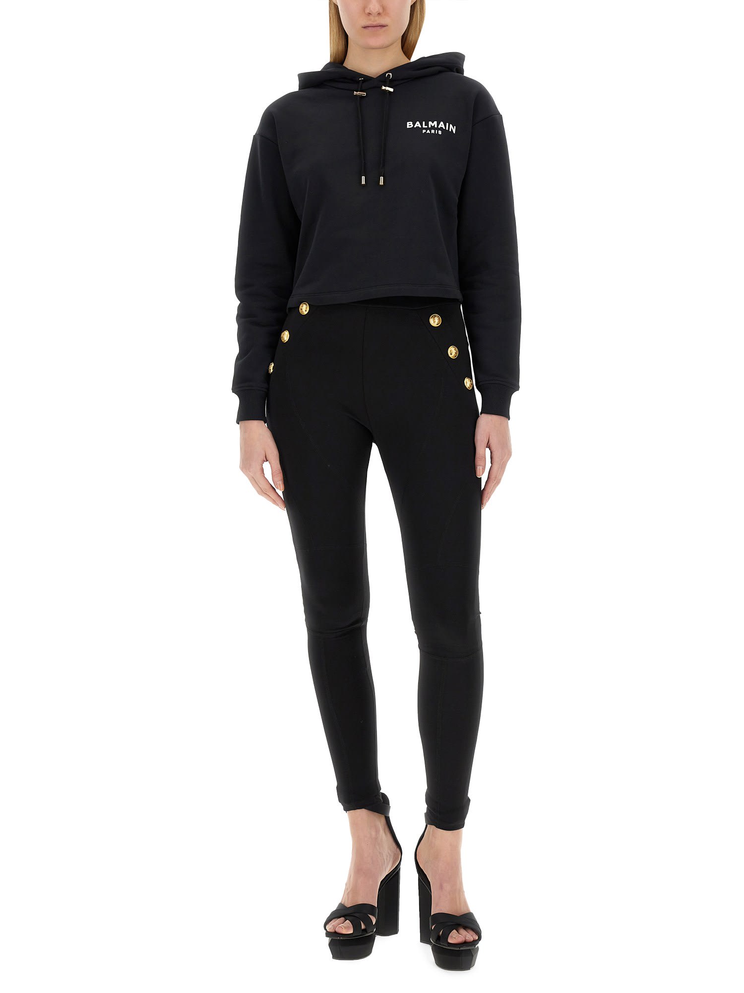 Balmain Cropped Sweatshirt With Flocked Logo Print In Nero