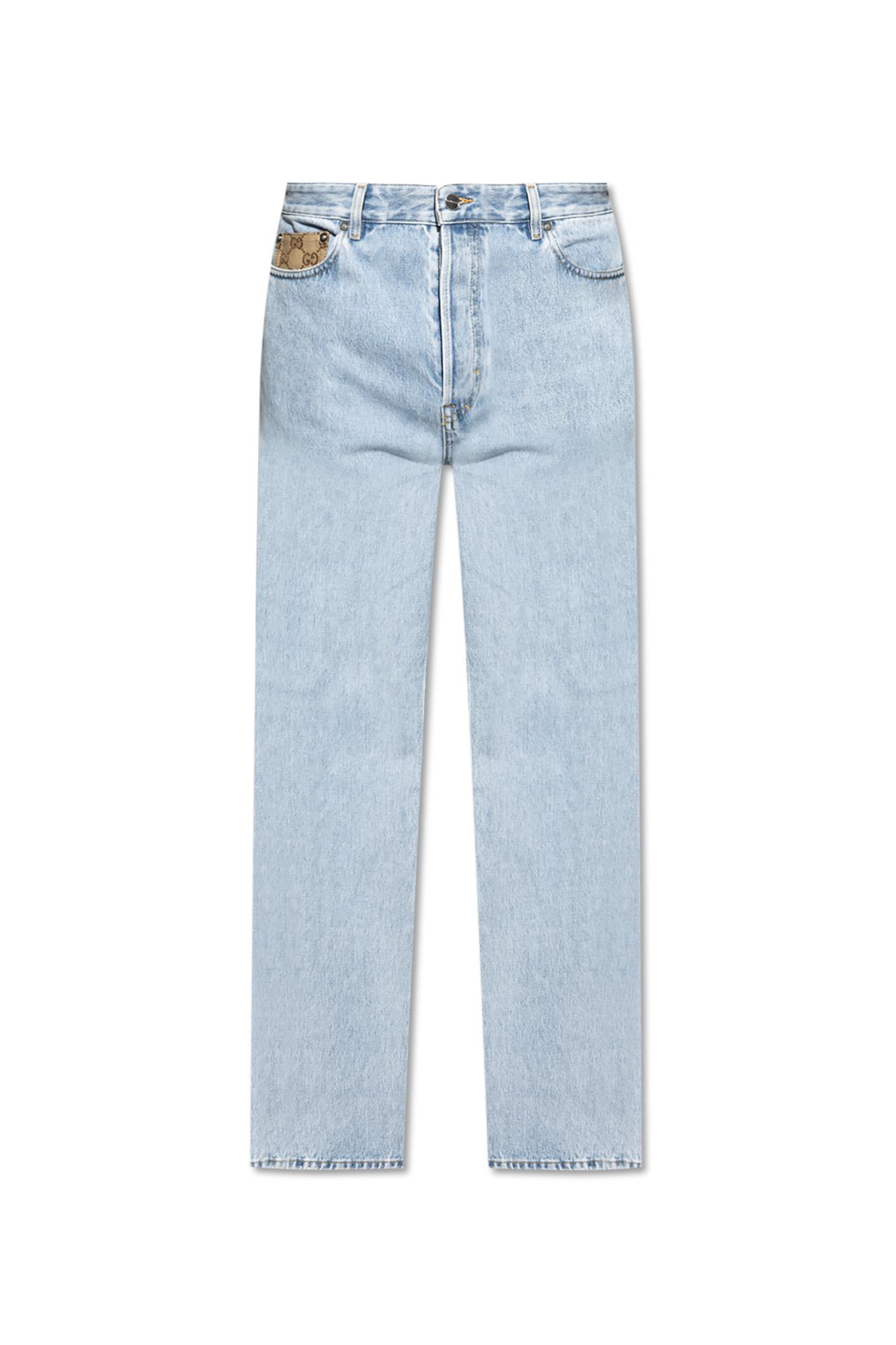 Gucci Men Light Blue Jeans With Gg Detail On The Pocket And Logo Patch On The Rear In Denim Man In Blue