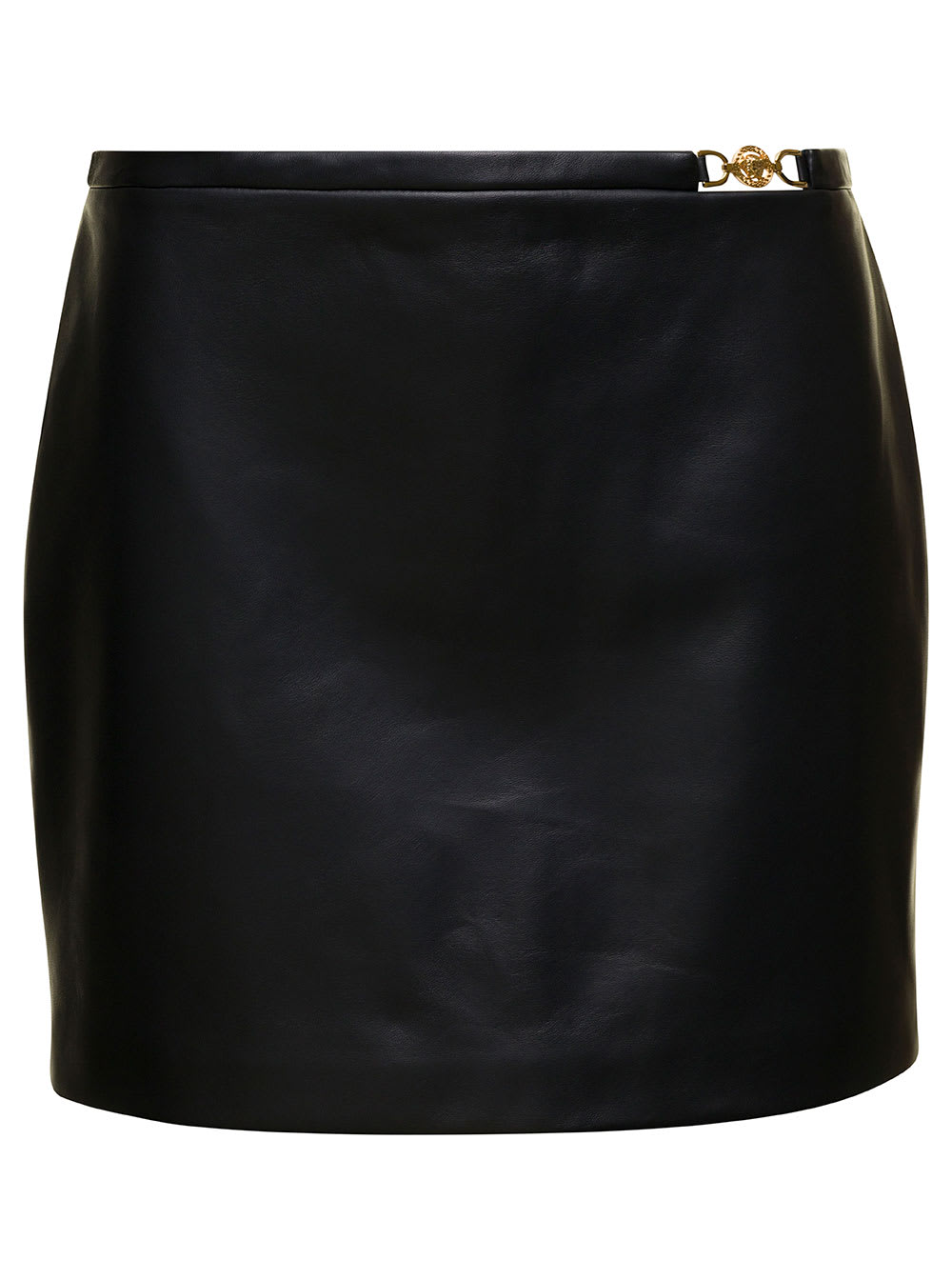 Shop Versace Black Mini-skirt With Medusa Detail In Smooth Leather Woman