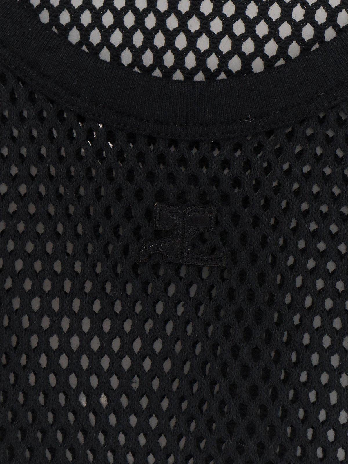 Shop Courrèges Logo Embroidered Straight Hem Mesh Top In Black