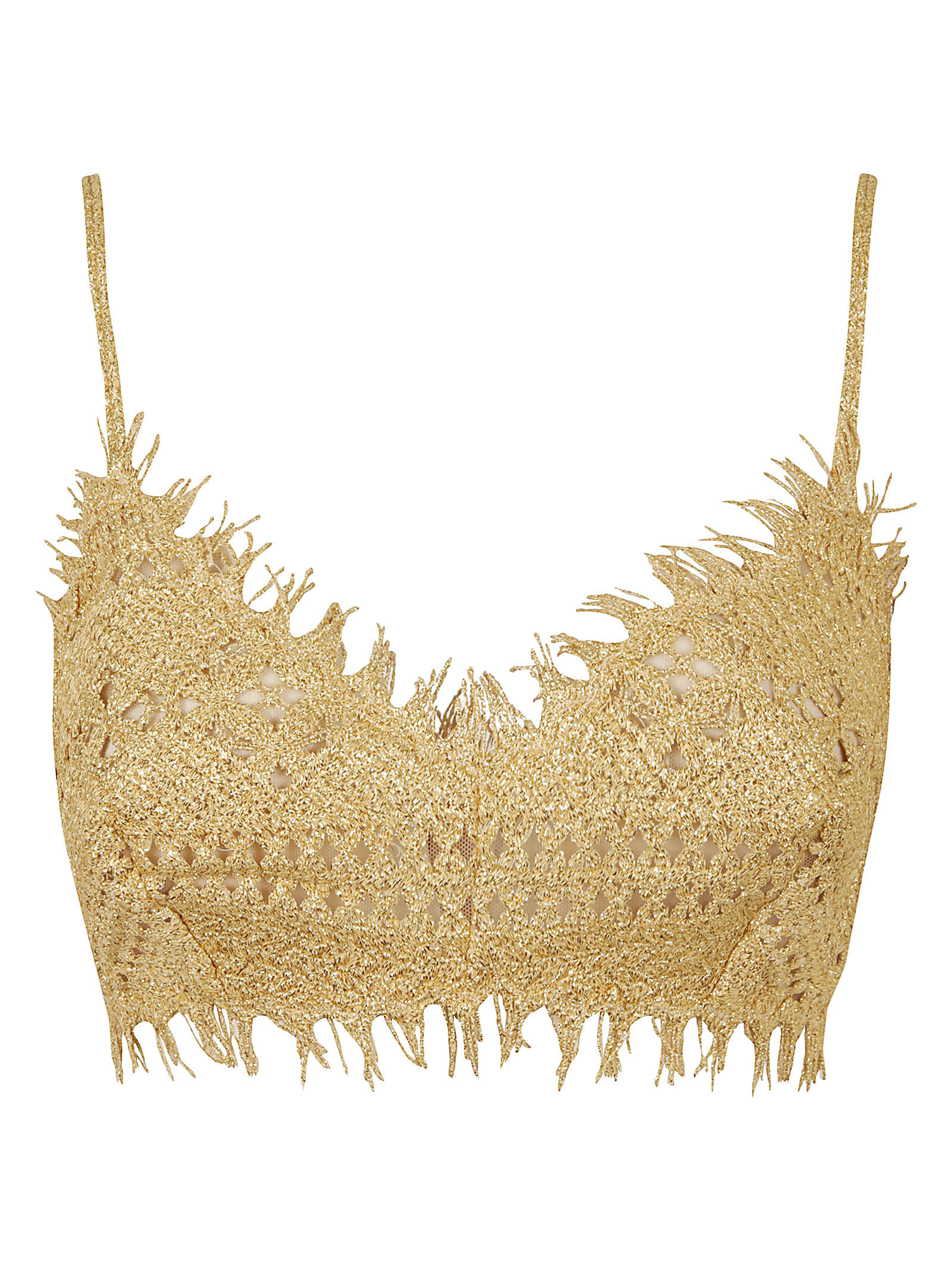 Shop Ermanno Scervino Fringe Trim Perforated Woven Top In Pale Gold