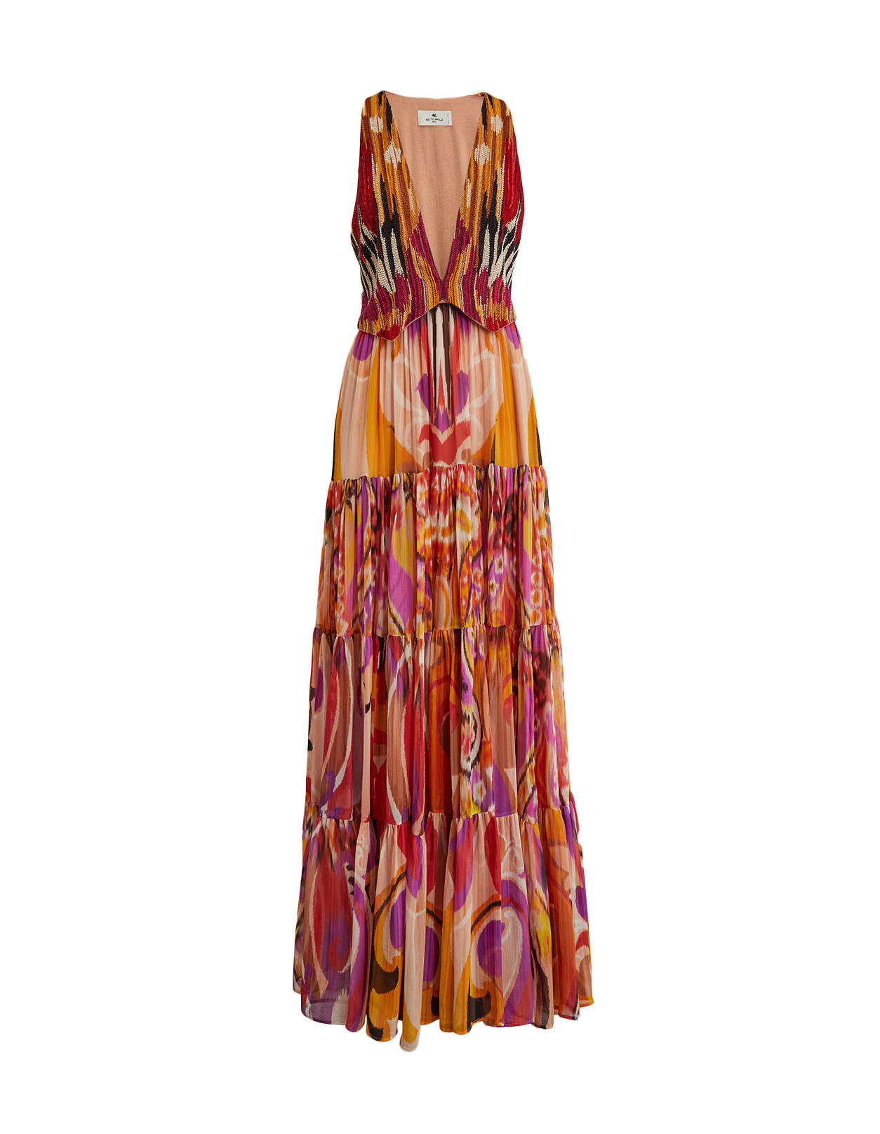 Etro Long Dress In Multicolored Silk With Embroidery And Ruffles