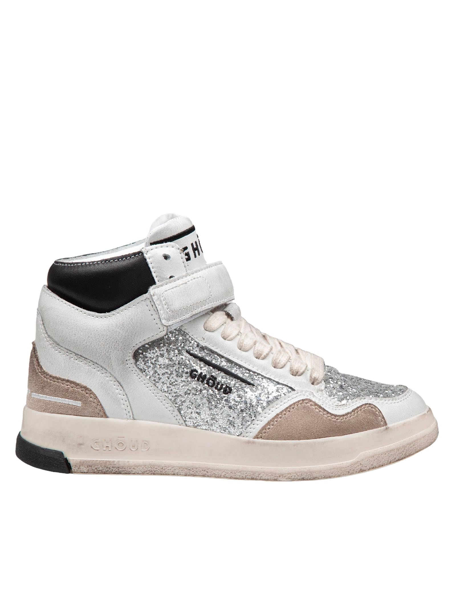 Shop Ghoud Sneakers Tweener Mid In Leather With Silver Glitter In Gray / Black