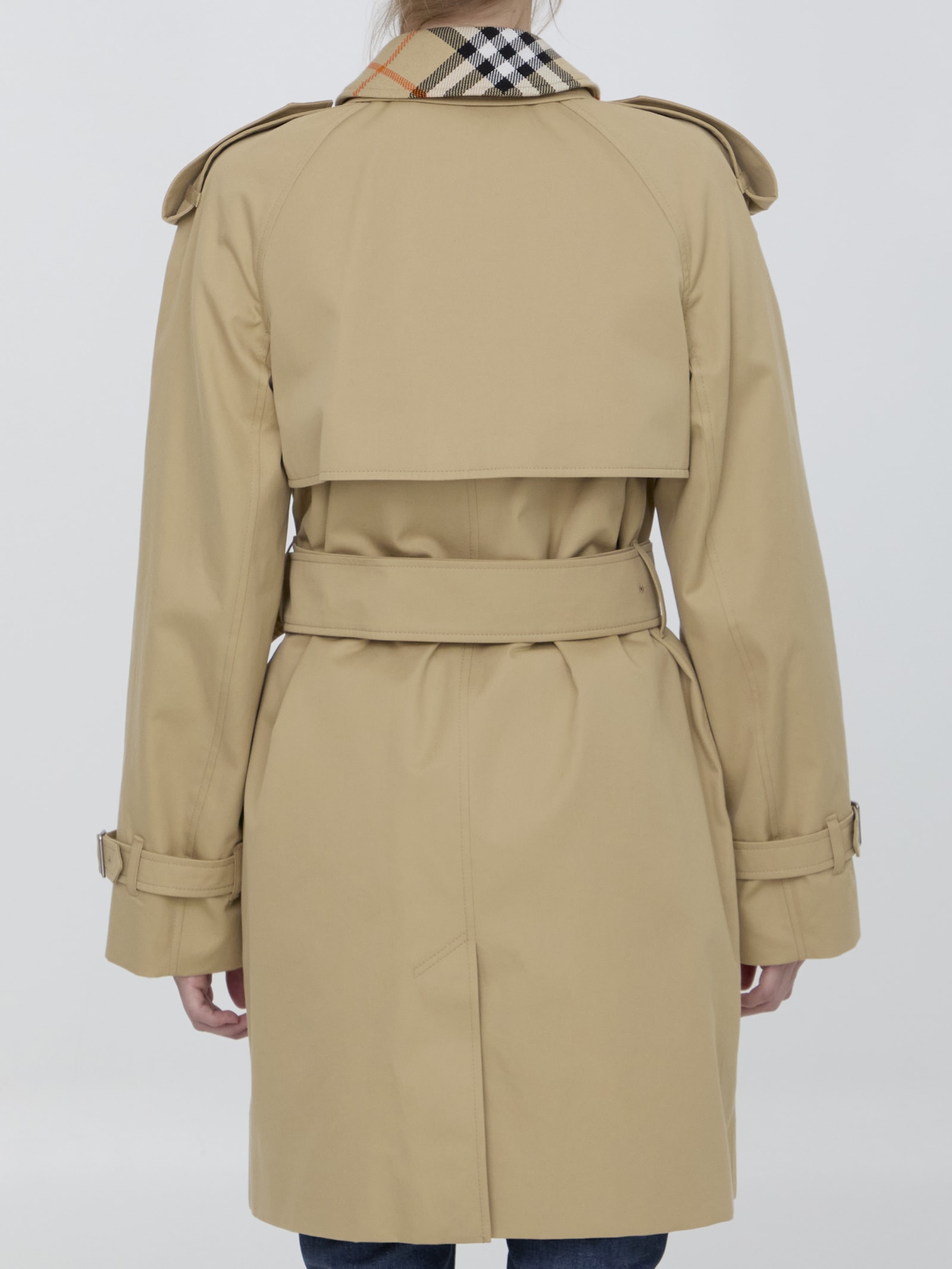 Shop Burberry Raincoat With Check Collar In Beige