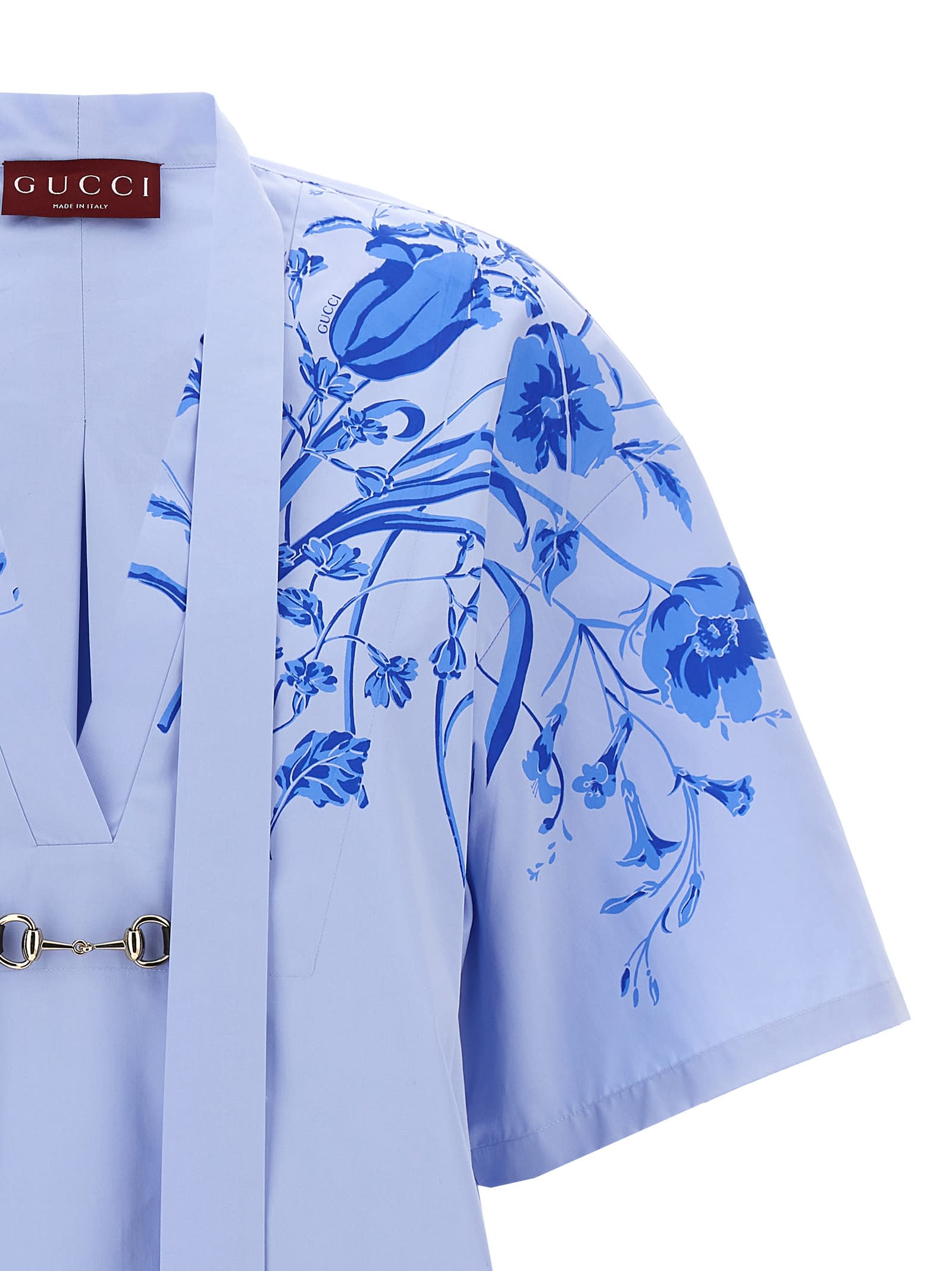 Gucci Midi Dress With Floral Embroidery And V-neckline In Baby Blue/mix