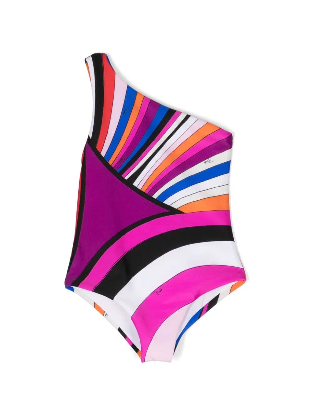 Pucci Kids' One-shoulder Swimwear With Purple/multicolour Iride Print