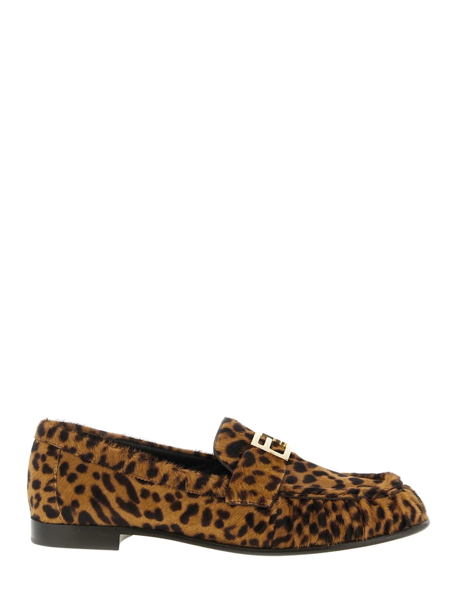 Fendi Women Brown Loafers With Ff Plaque And Leopard Motif In Brushed Leather Woman In Brown