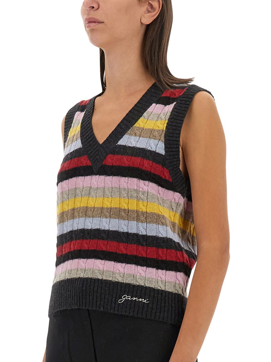 Shop Ganni Vest With Logo And Stripe Pattern In Multicolour