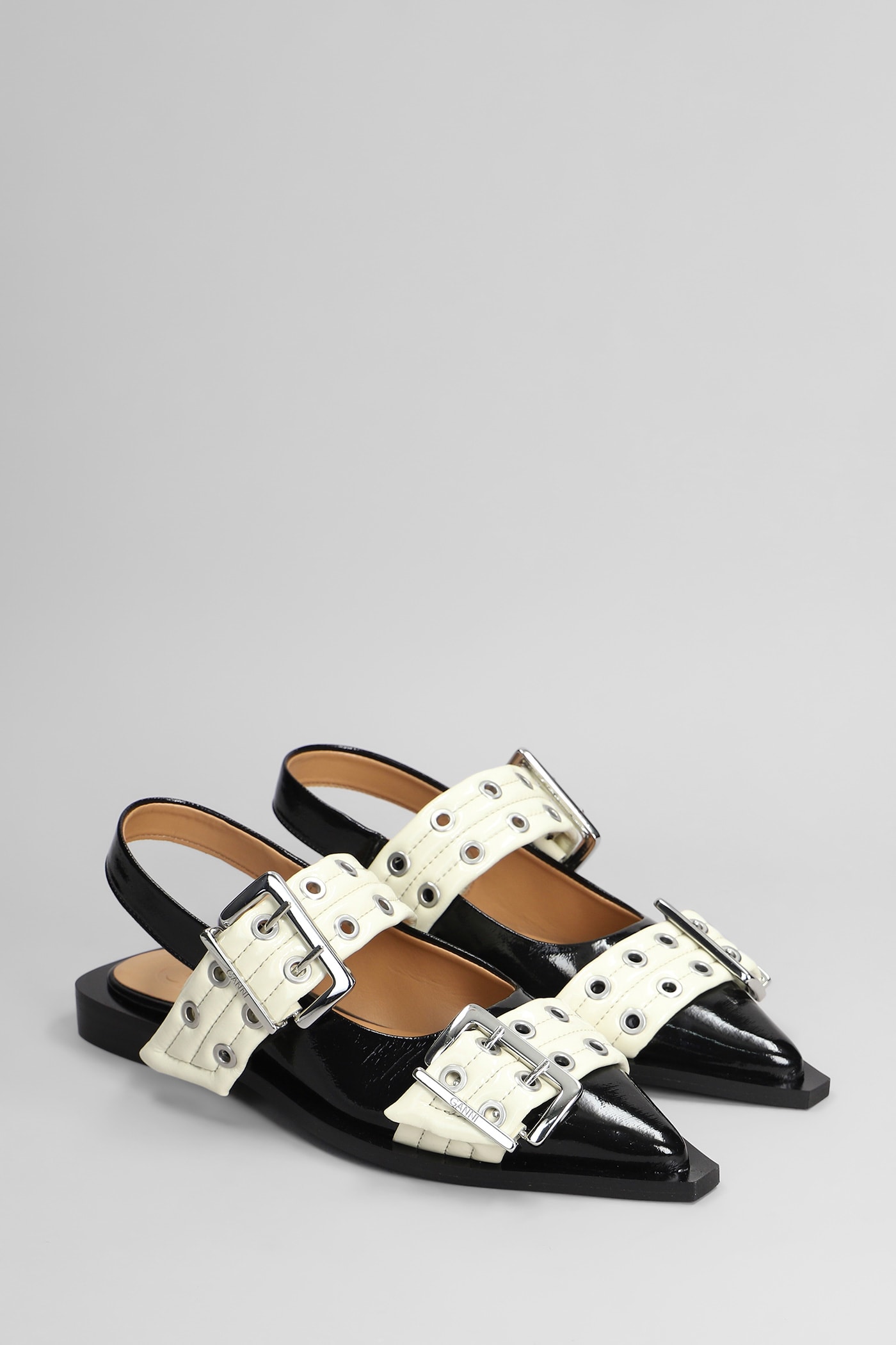 Ganni Black And White Slingback Ballerina Flats With Buckles In White