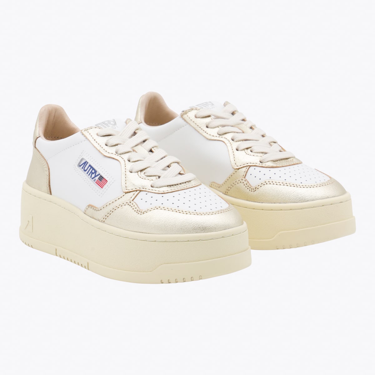 Autry Low Top Leather Sneakers With Metallic Panels In Gold
