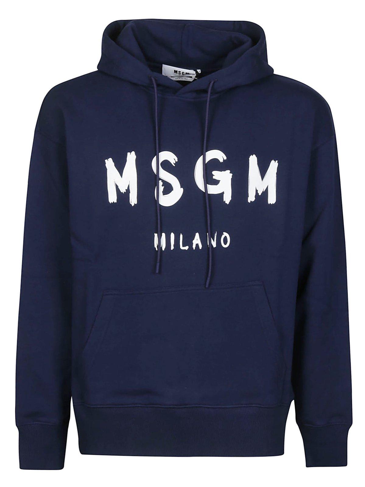 Msgm Logo Printed Drawstring Hoodie In Blue
