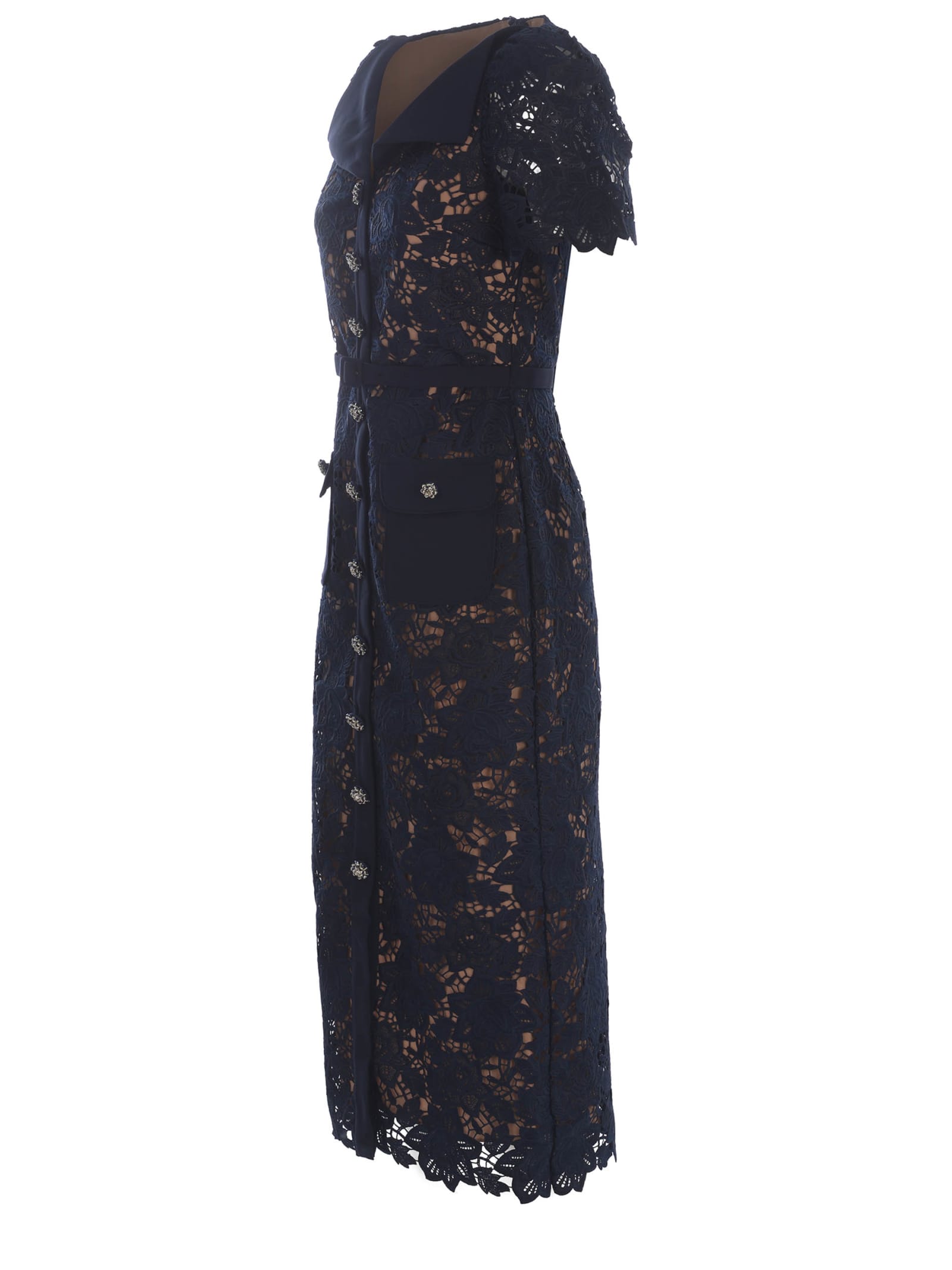 Shop Self-portrait Midi Dress  Jewel Made Of Lace In Blu Navy